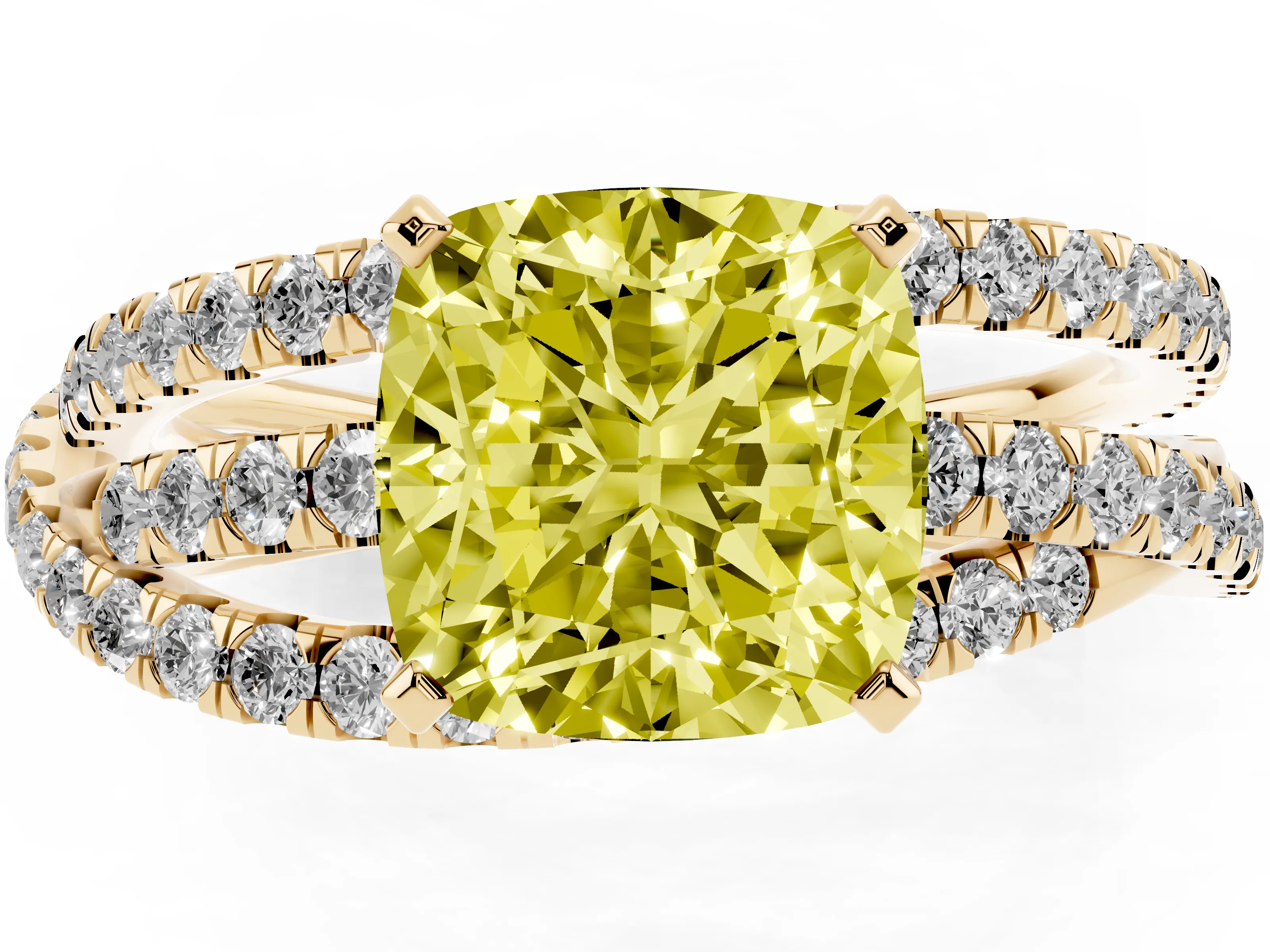 Fancy Yellow Cushion Cut Diamond Solitaire Twist Band Ring Set in Yellow gold with Pavé Setting and Prong Head