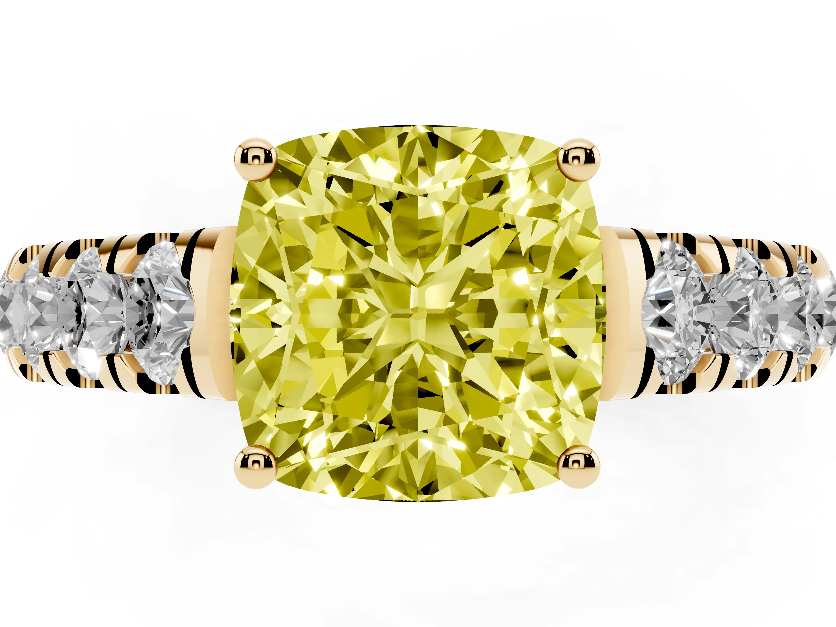 Fancy Yellow Cushion Cut Diamond Solitaire Ring Set in Yellow gold with Cut-Down Micro Pavé Band and Prong Setting
