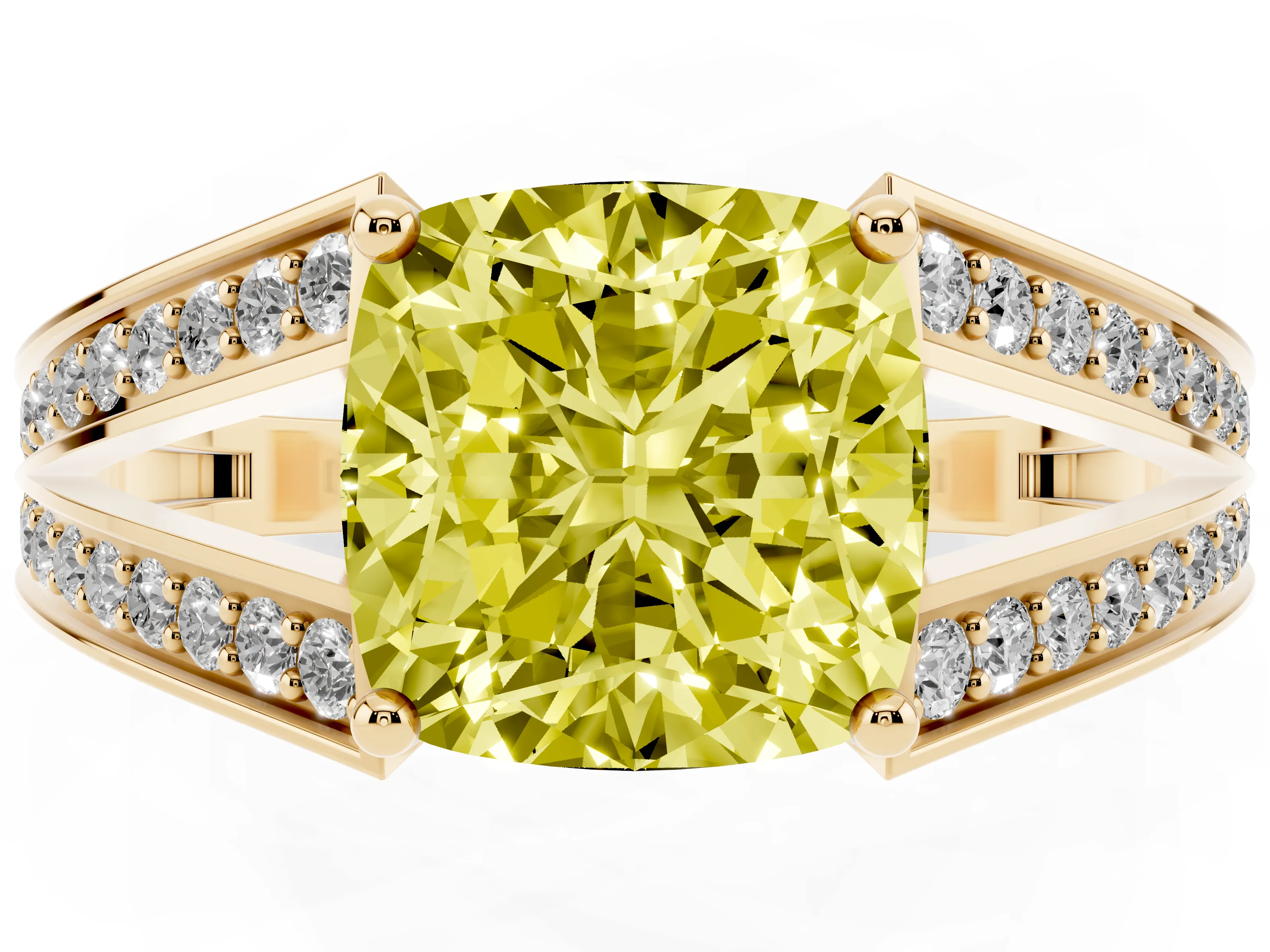 Fancy Yellow Cushion Cut Diamond Split Shank Ring Set in Yellow gold with Pavé Band and Prong Setting