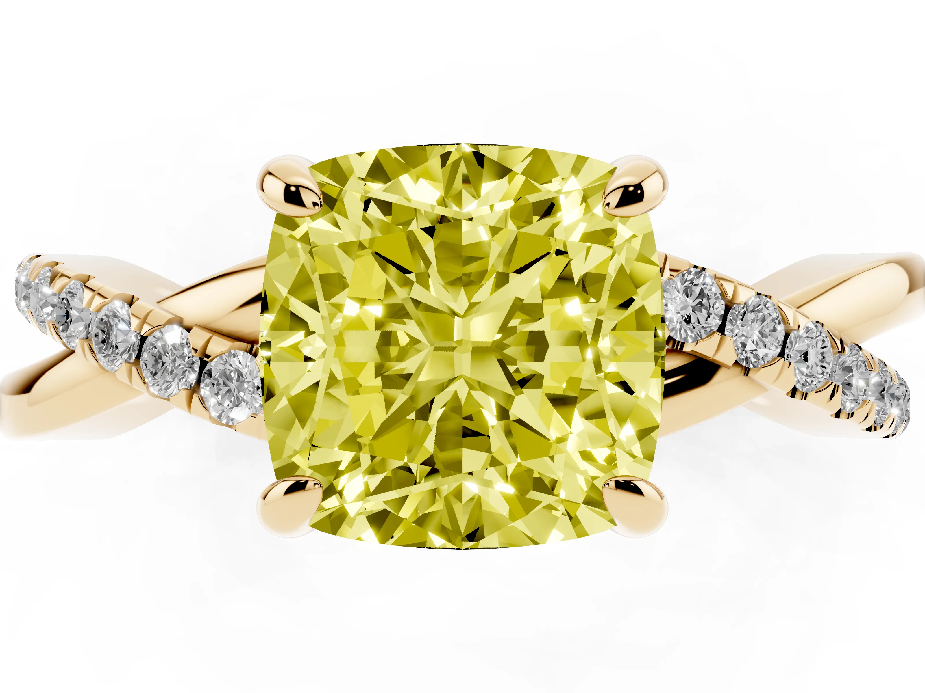 Fancy Yellow Cushion Cut Diamond Twist Band Pavé Solitaire Ring Set in Yellow gold with Prong Setting