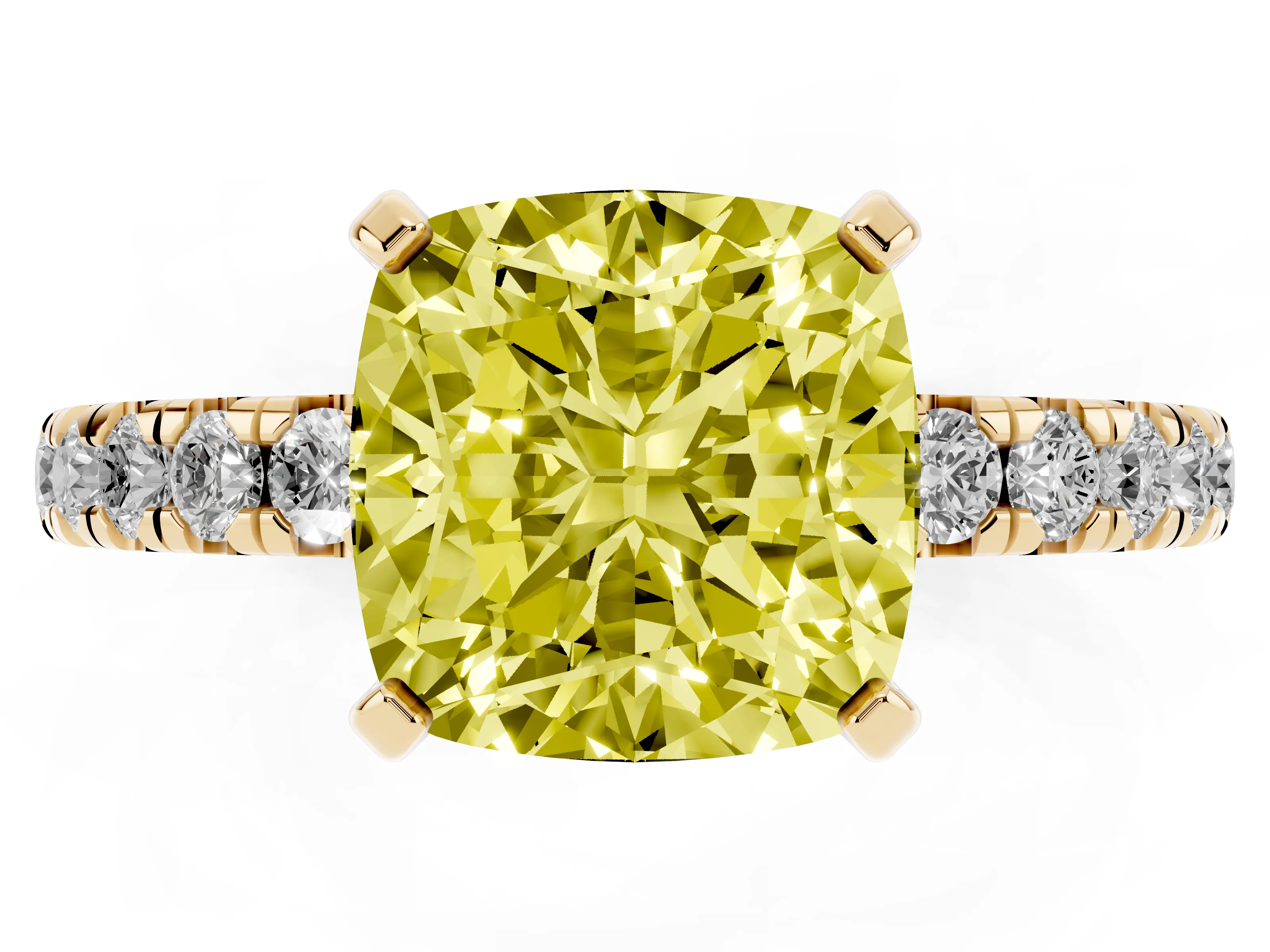 Fancy Yellow Cushion Cut Diamond Pavé Solitaire Ring Set in Yellow gold with Round Band and Prong Setting