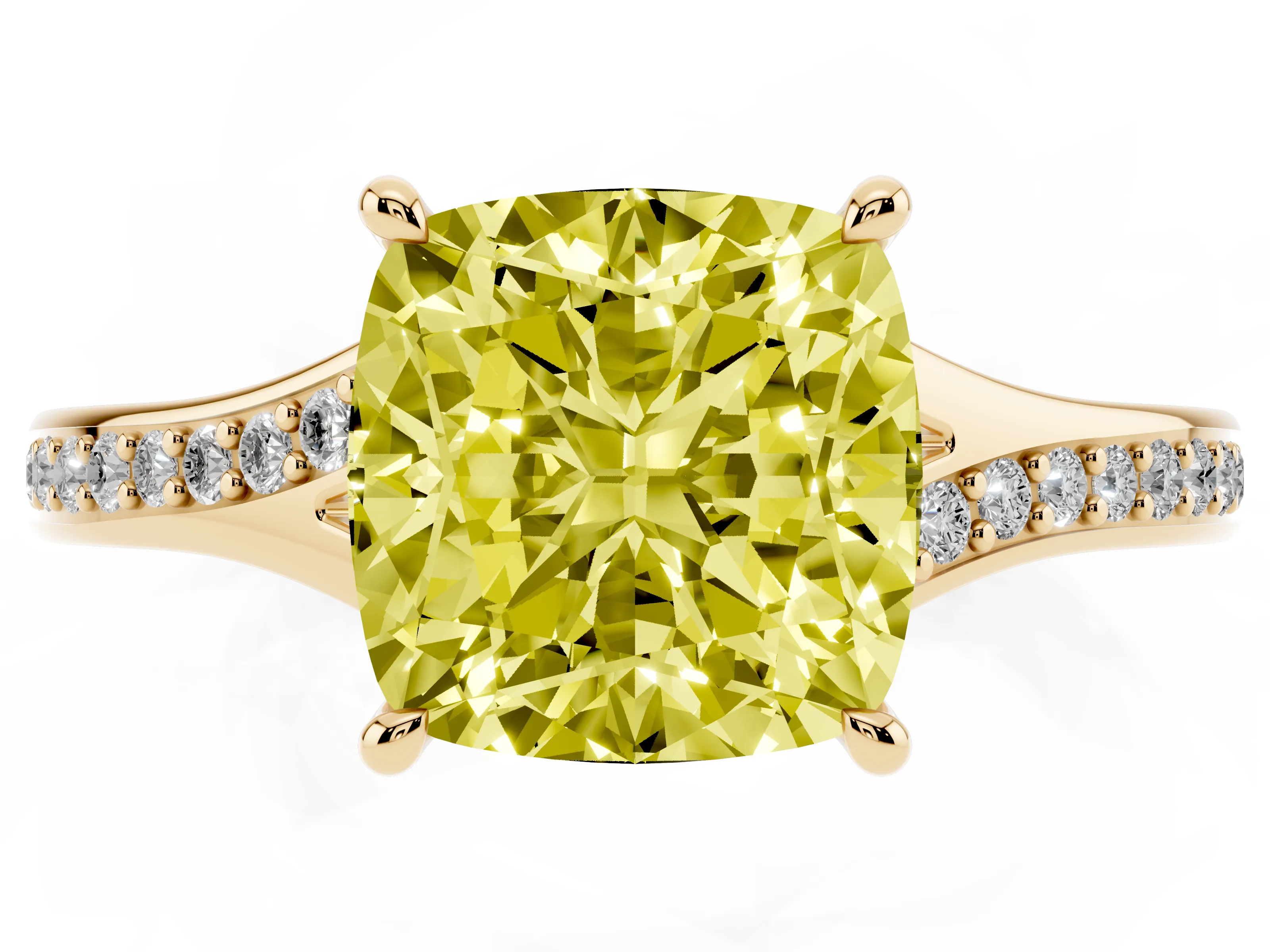 Fancy Yellow Cushion Cut Diamond Solitaire Ring Set in Yellow gold with Pavé Accent Band and Classic Prong Setting
