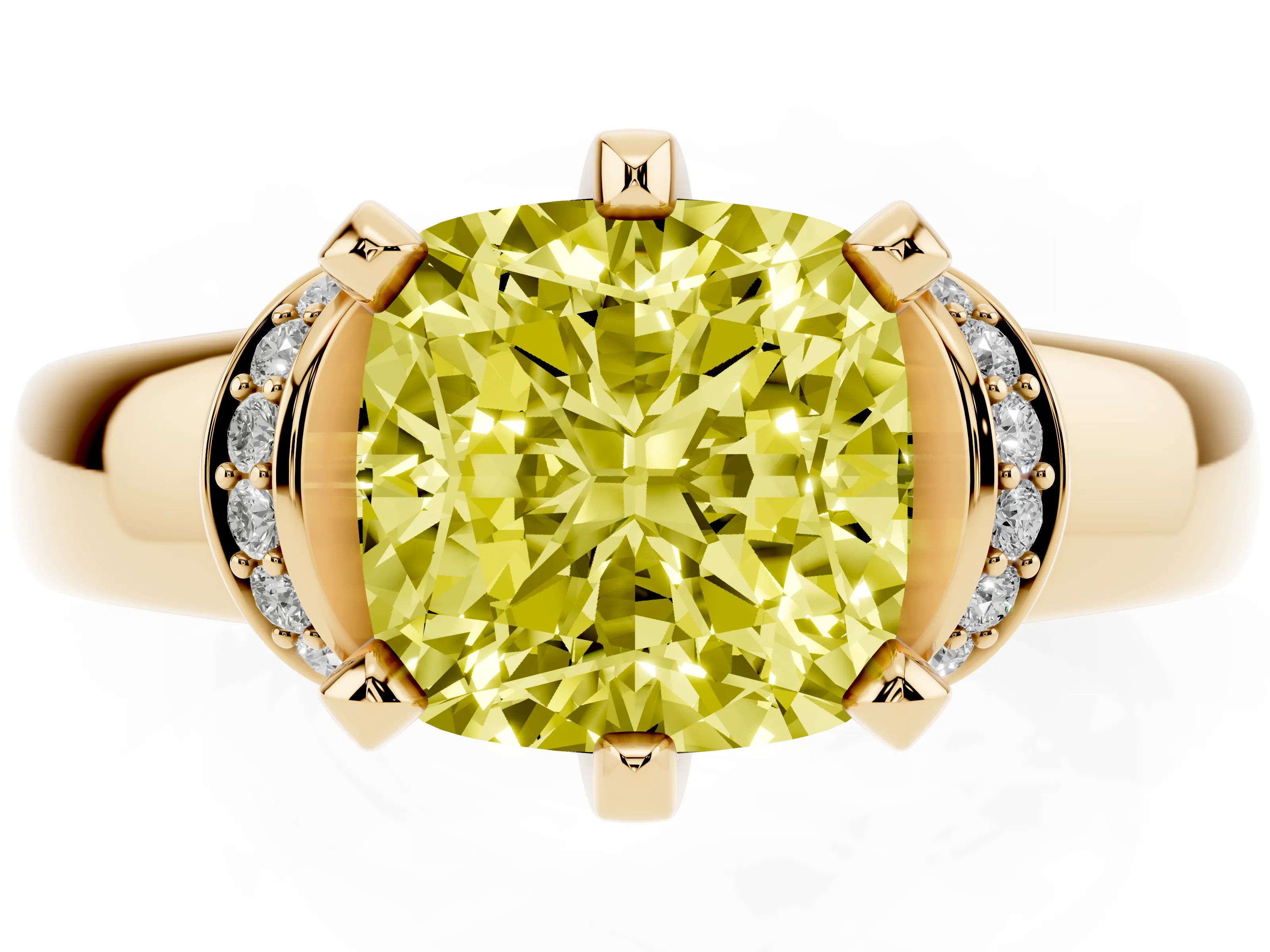 Fancy Yellow Cushion Cut Diamond Pavé Band Solitaire Ring Set in Yellow gold with Prong Setting