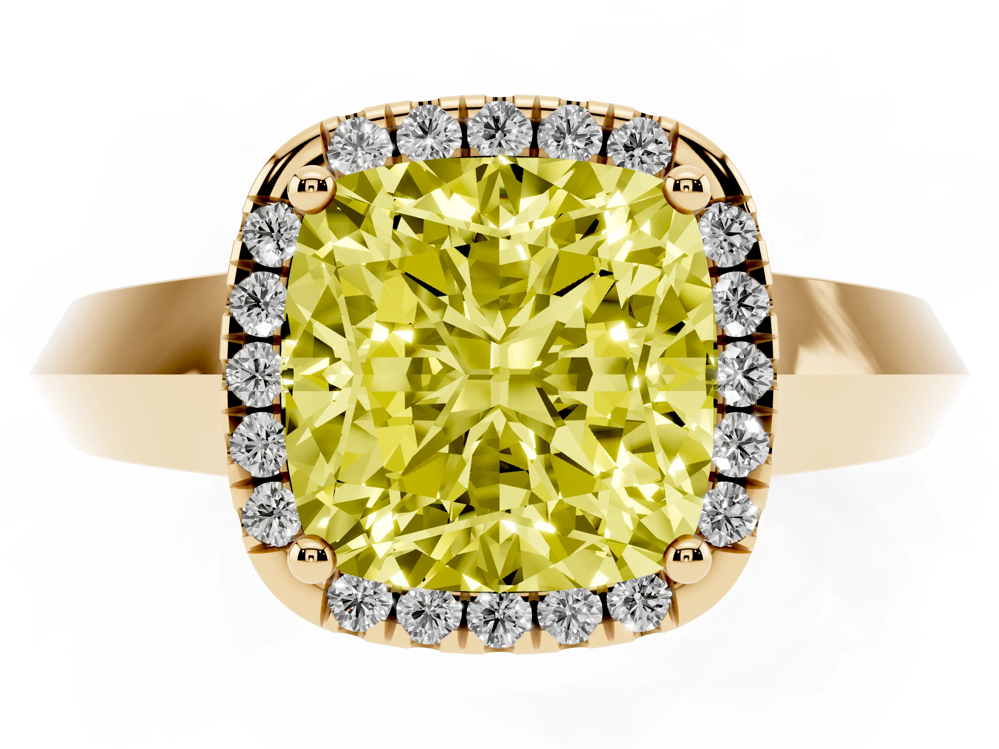 Fancy Yellow Cushion Cut Diamond Halo Ring Set in Yellow gold with Cathedral Band and Prong Setting