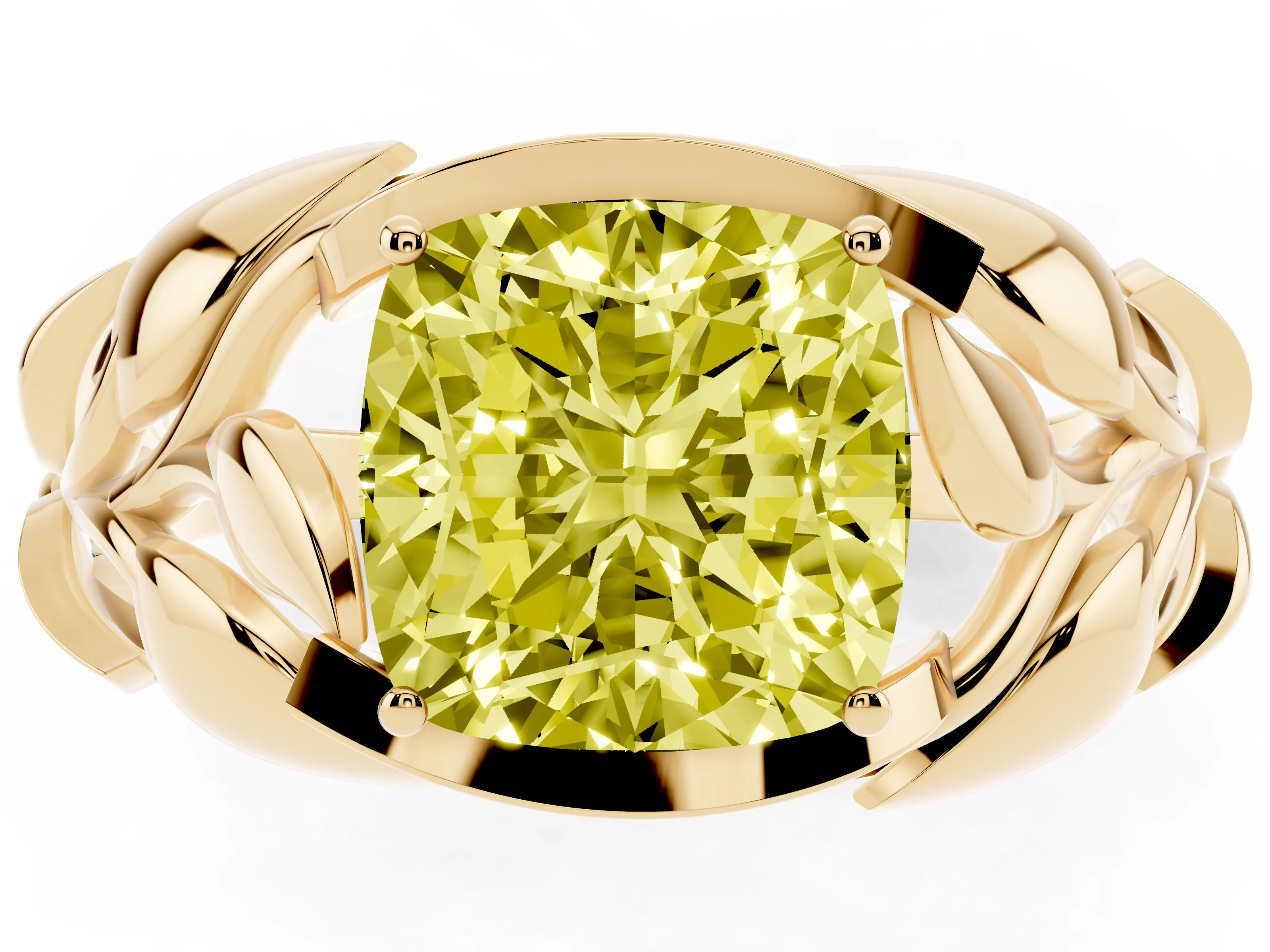 Fancy Yellow Cushion Cut Diamond Leaf-Inspired Engagement Ring Set in Yellow gold with Round Accents