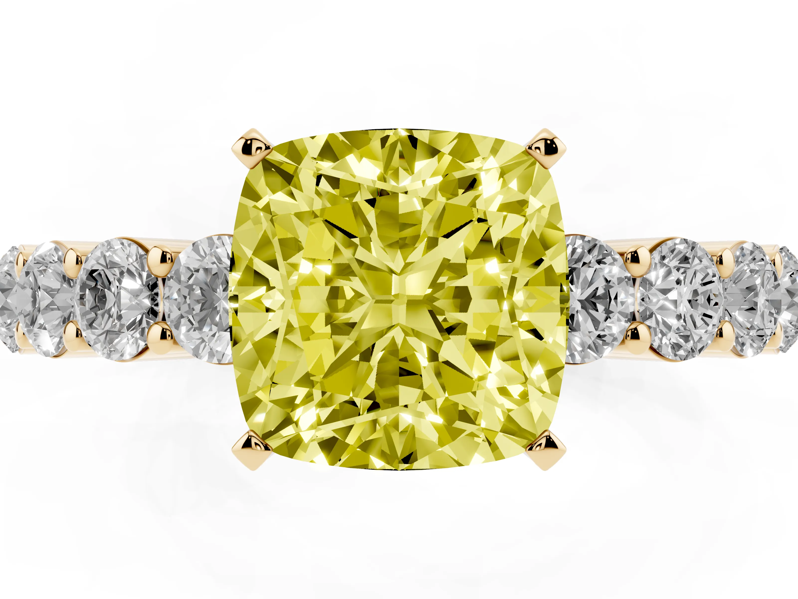 Fancy Yellow Cushion Cut Diamond Solitaire Ring Set in Yellow gold with Shared Prong Round Side Stones