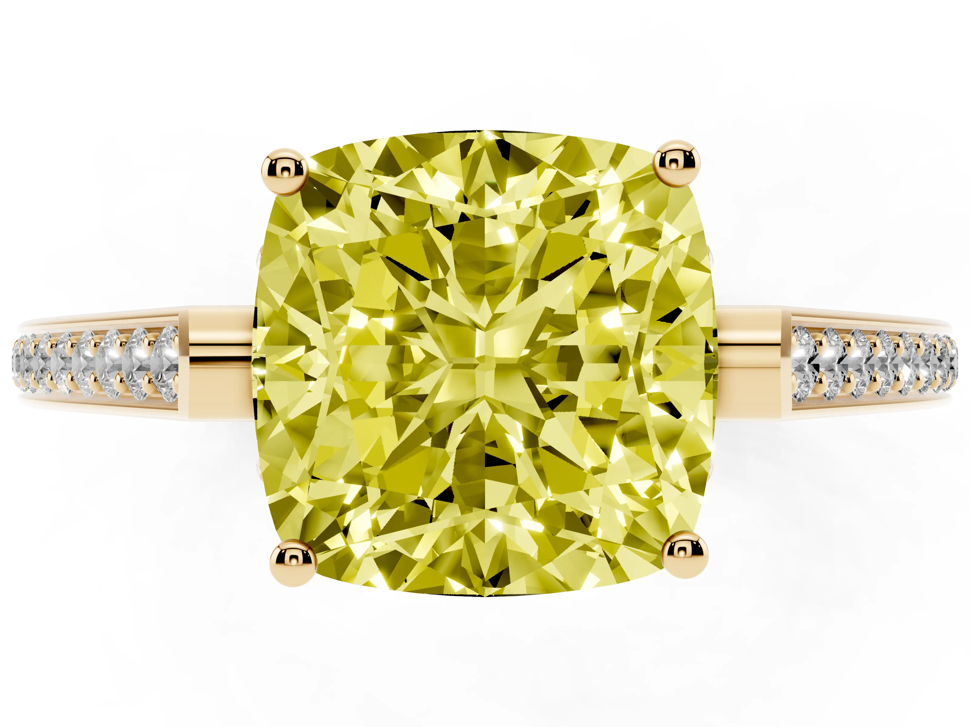 Fancy Yellow Cushion Cut Diamond Cathedral Pavé Engagement Ring Set in Yellow gold with Prong Setting