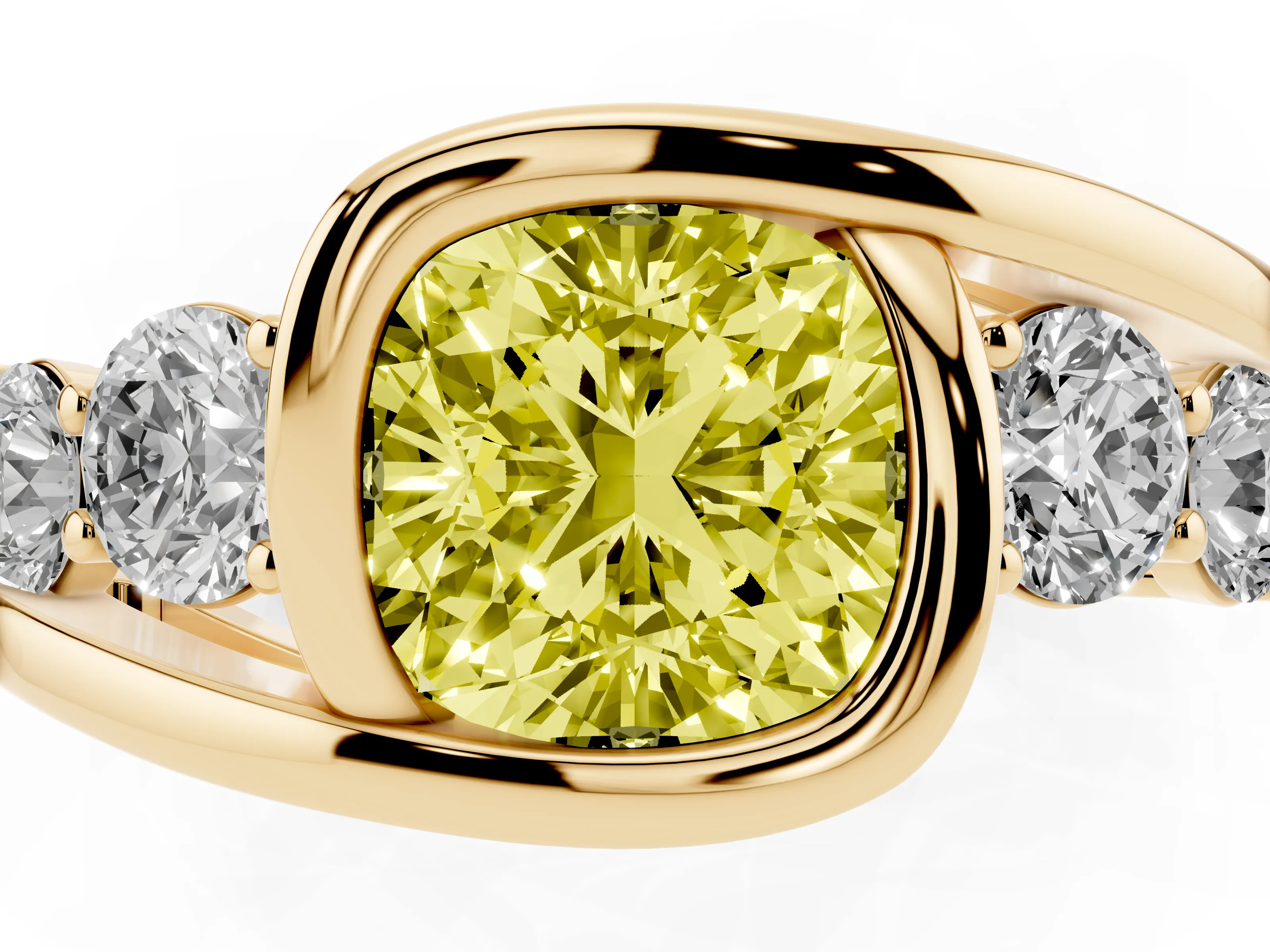 Fancy Yellow Cushion Cut Diamond Bezel Bypass Ring Set in Yellow gold with Round Accents