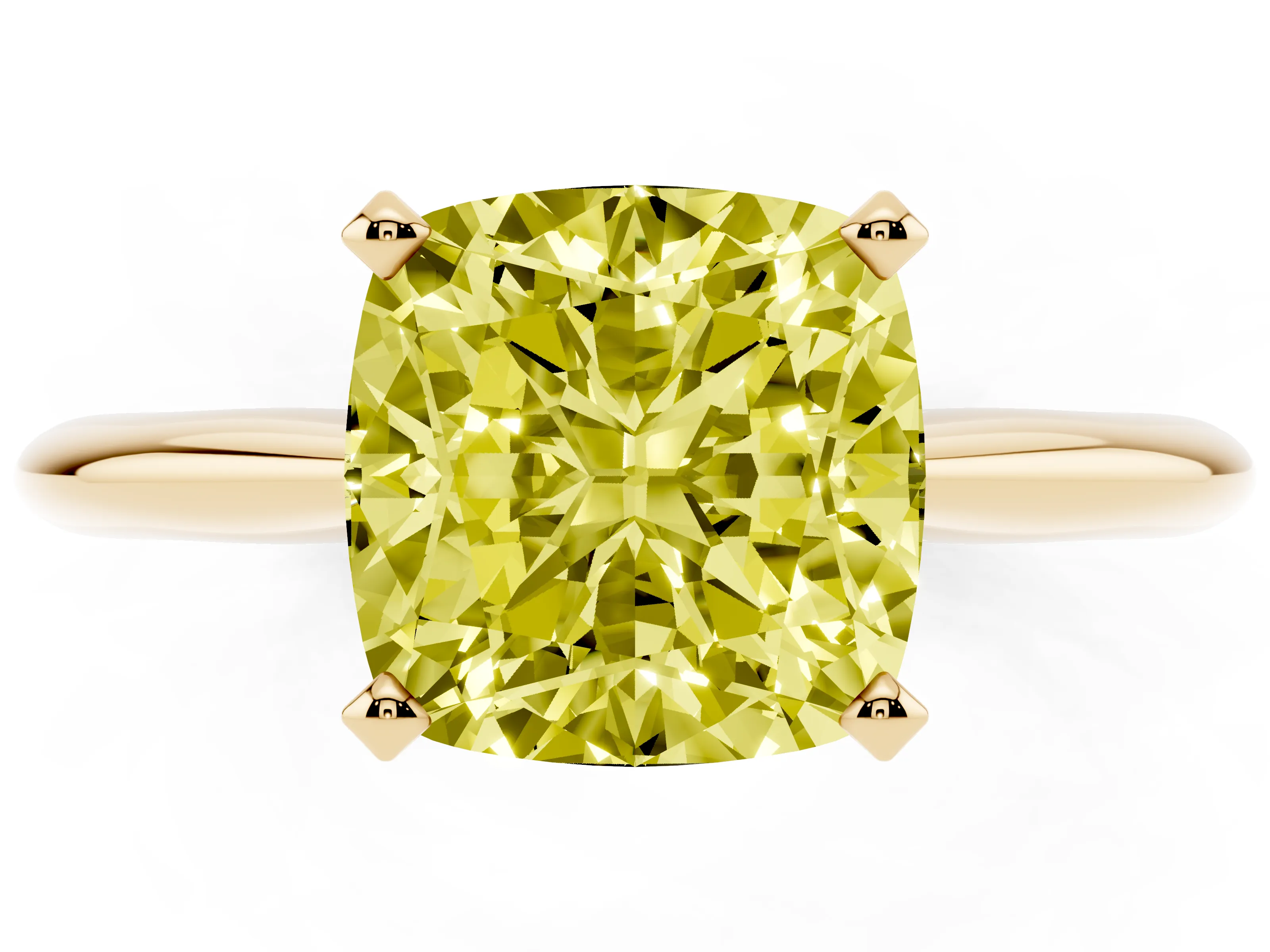 Fancy Yellow Cushion Cut Diamond Solitaire Ring Set in Yellow gold with Prong Setting on a Plain Round Band