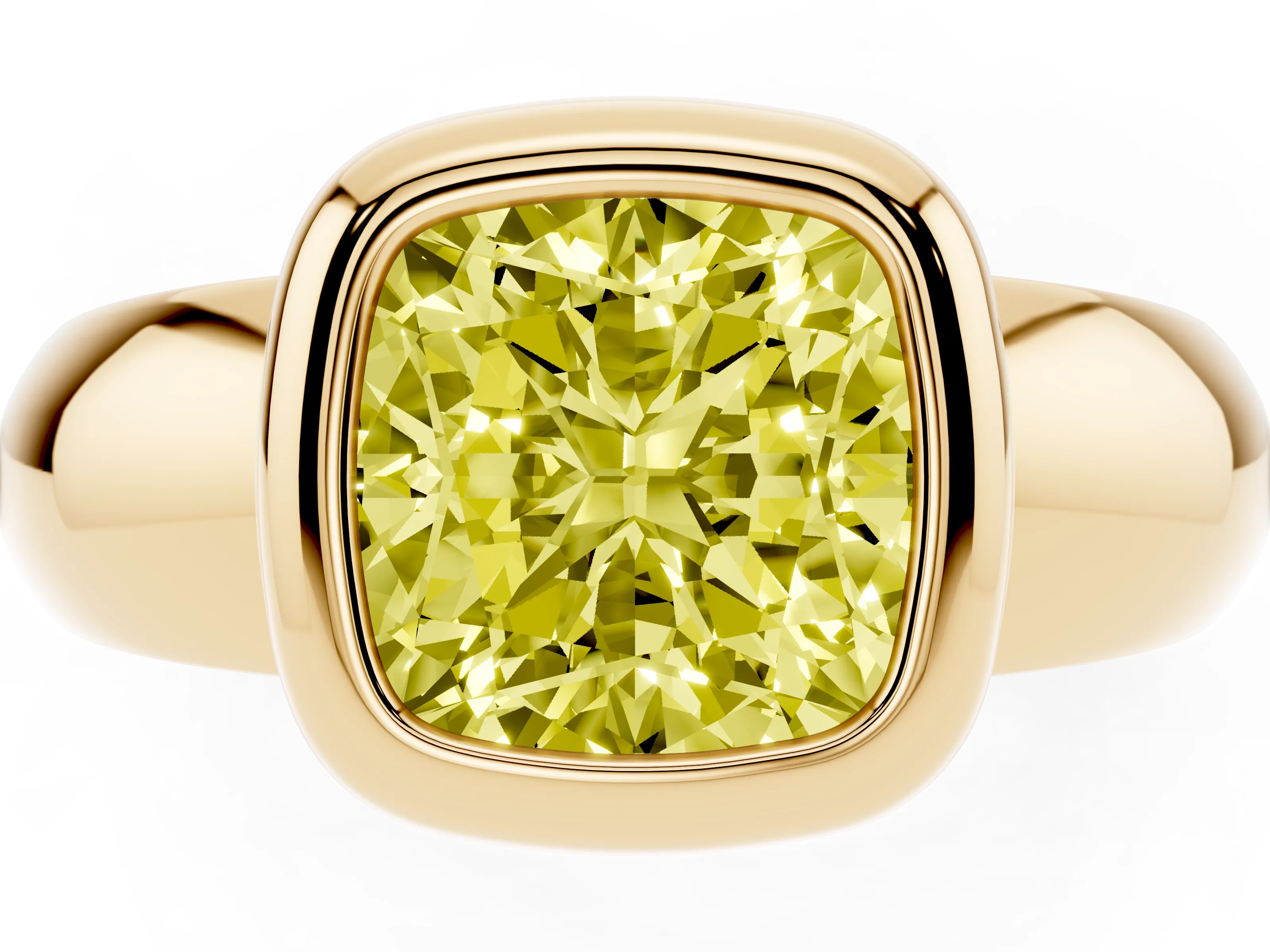 Fancy Yellow Bezel Set Cushion Cut Diamond Solitaire Ring Set in Yellow gold with Wide Band