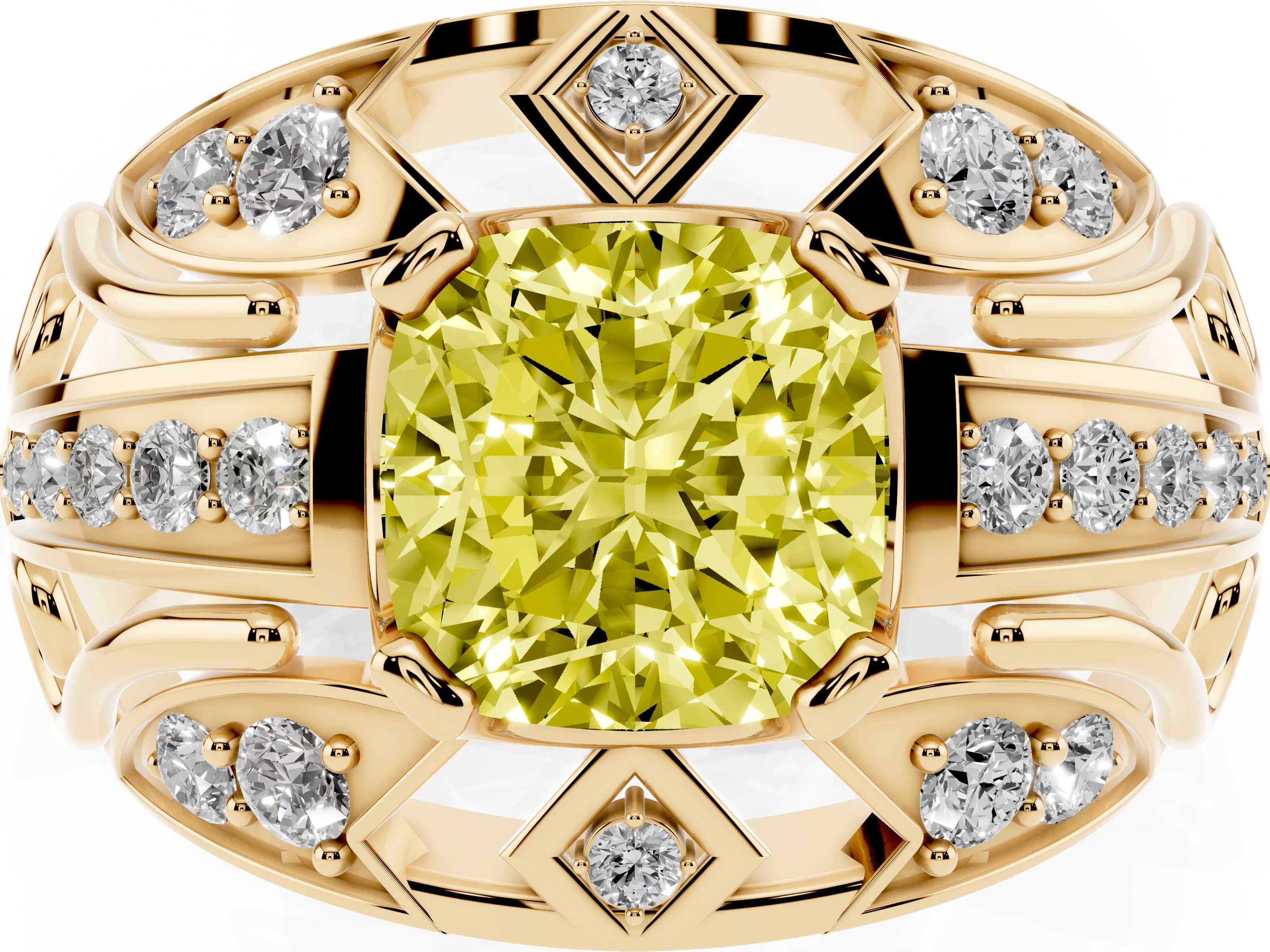 Fancy Yellow Cushion Cut Diamond Art Deco Ring Set in Yellow gold with Pavé Split Shank