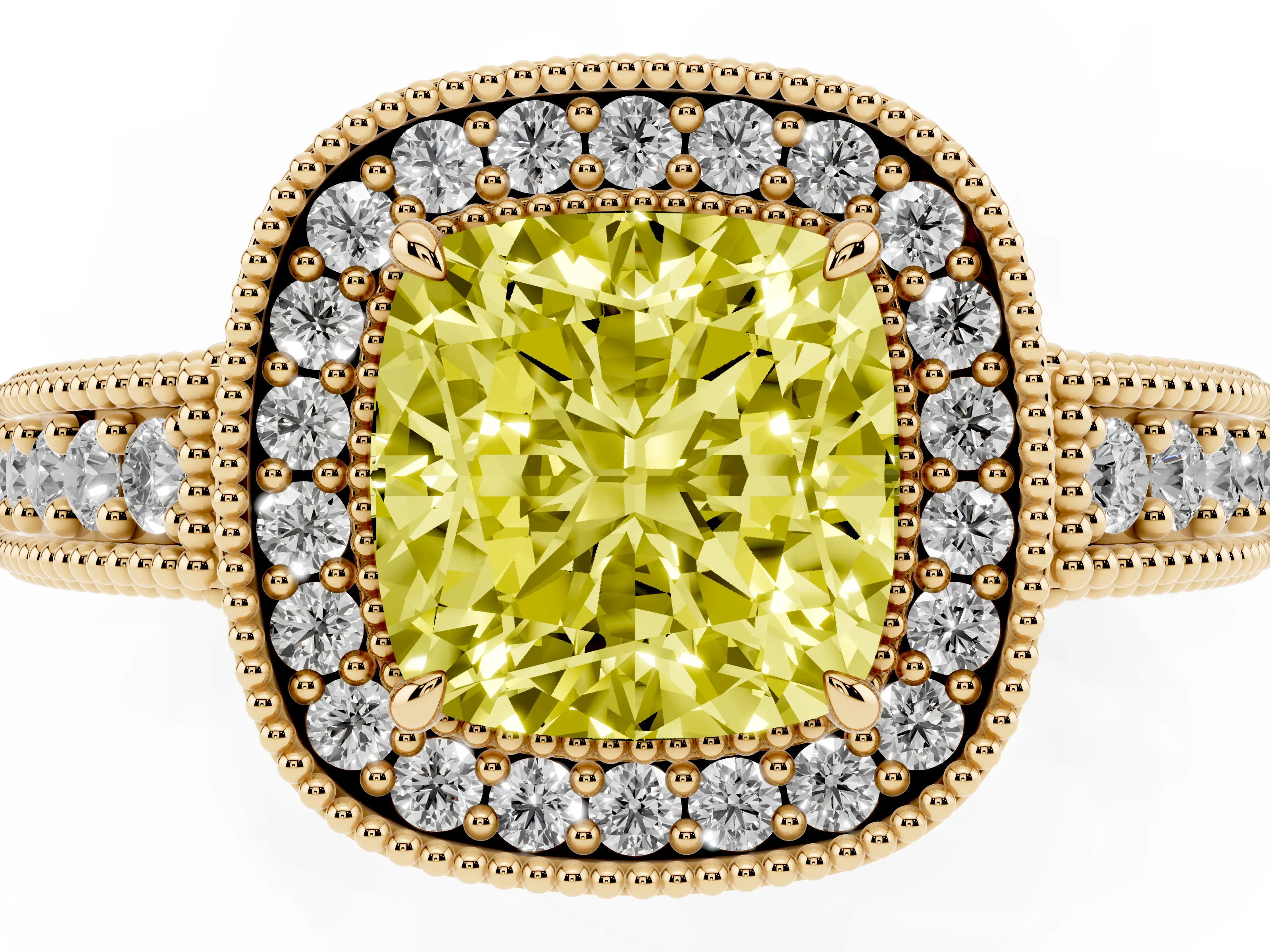 Fancy Yellow Cushion Cut Diamond Halo Ring Set in Yellow gold with Round Accent Halo, Pavé Band and Prong Setting