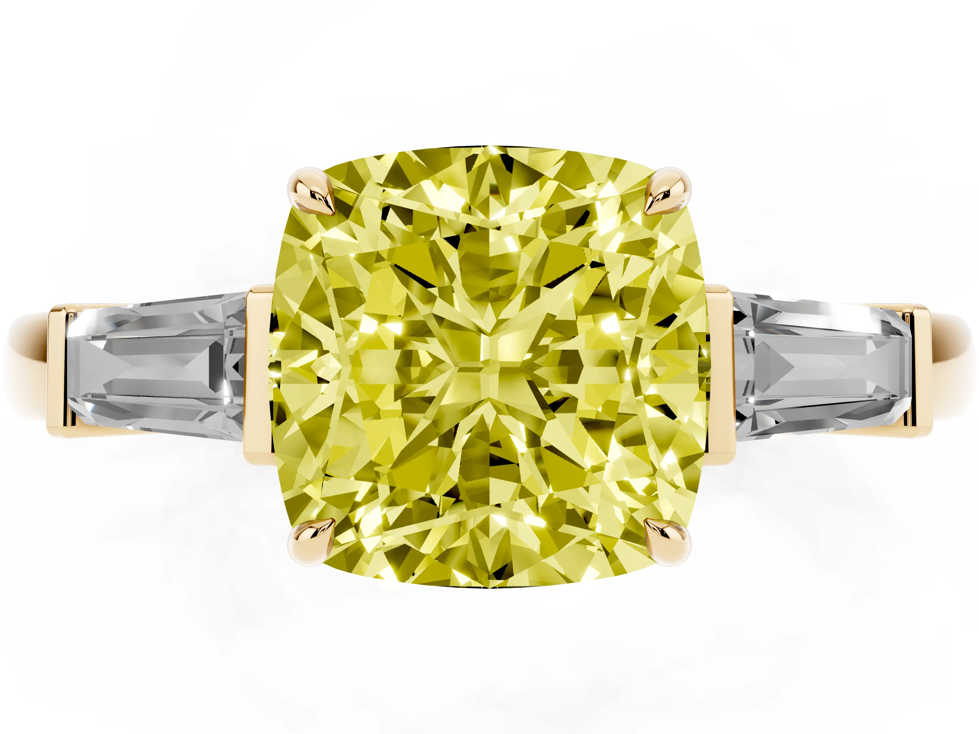 Fancy Yellow Cushion Cut Diamond Three-Stone Ring Set in Yellow gold with Tapered Baguette Side Stones and Prong Setting