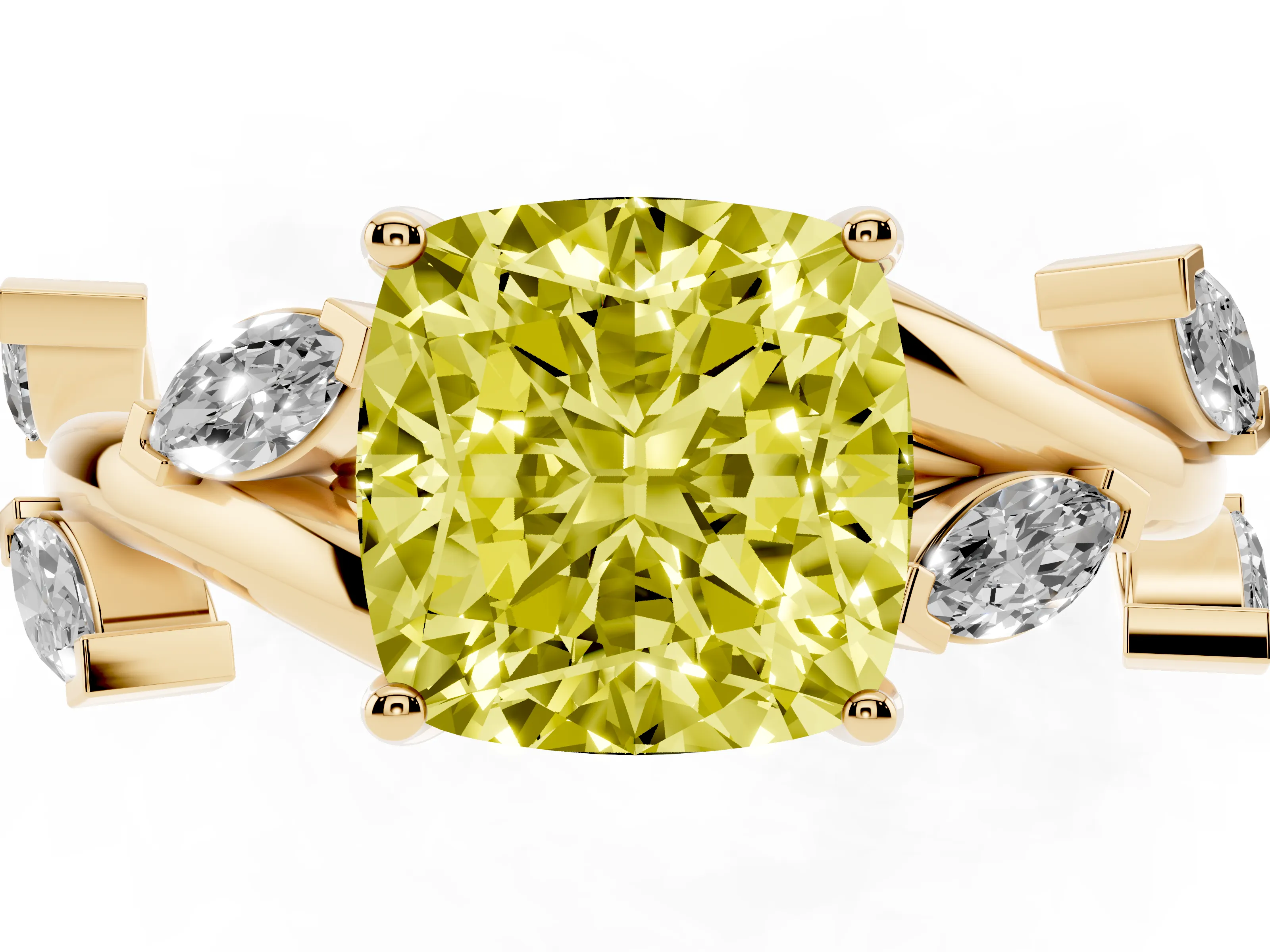 Fancy Yellow Cushion Cut Diamond Solitaire Ring Set in Yellow gold with Twisted Marquise Accent Band