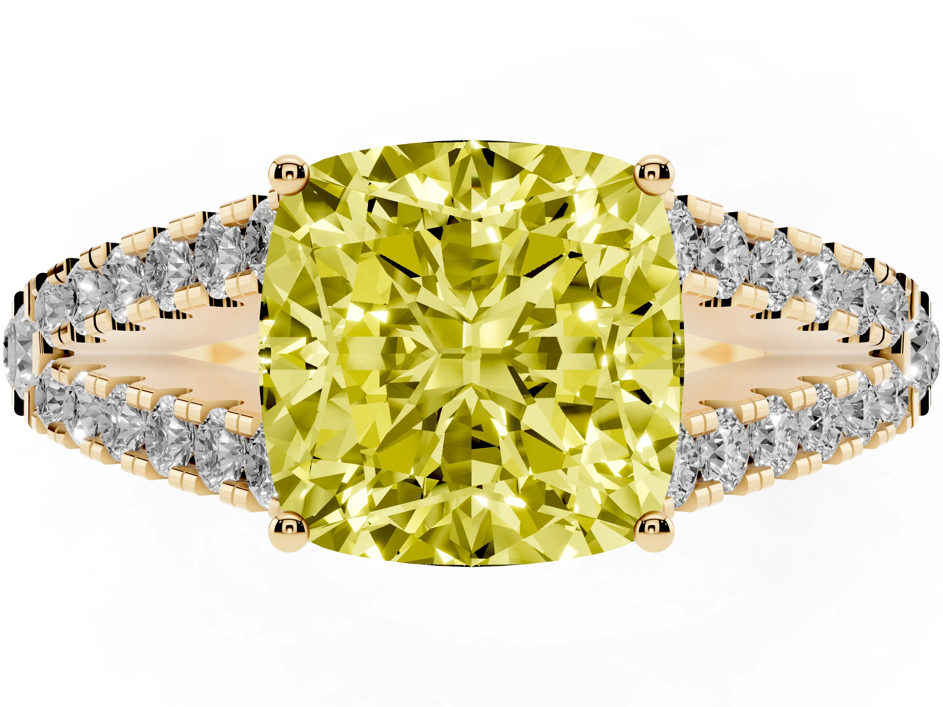 Fancy Yellow Cushion Cut Diamond Split Shank Pavé Engagement Ring Set in Yellow gold with Prong-Held Center Stone