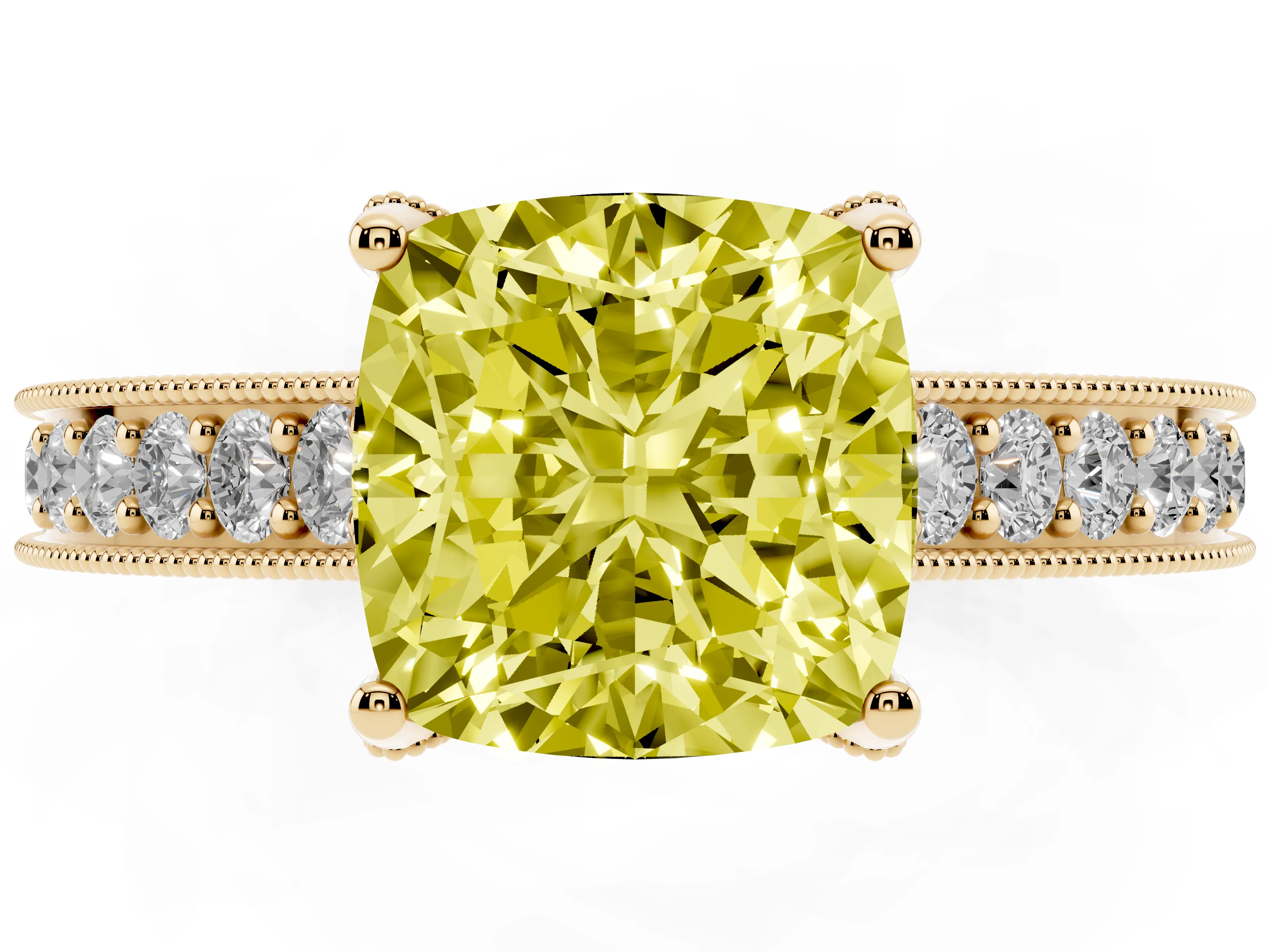 Fancy Yellow Cushion Cut Diamond Solitaire Ring Set in Yellow gold with Milgrain-Edged Pavé Band and Prong Setting
