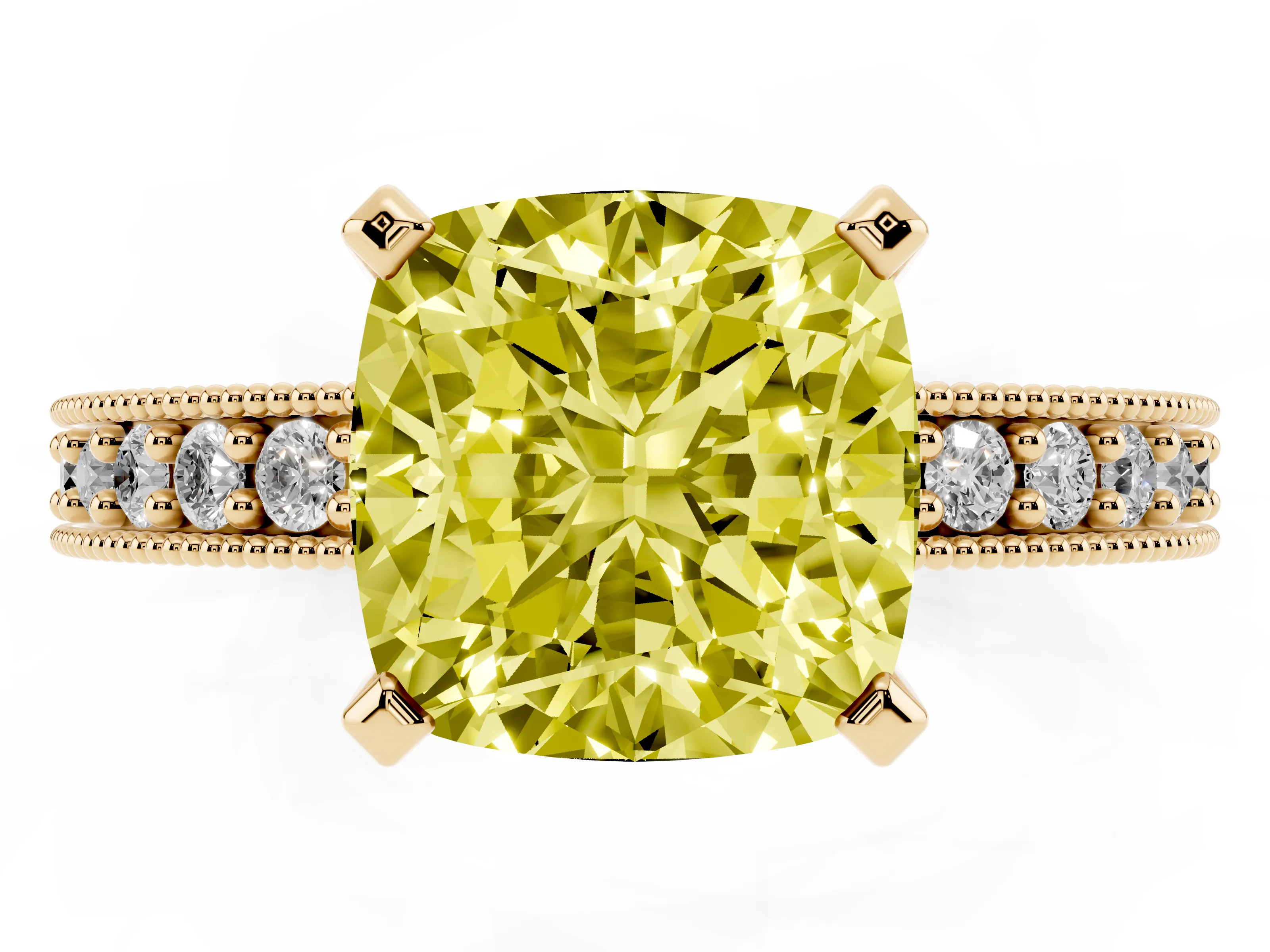 Fancy Yellow Cushion Cut Diamond Milgrain Pavé Engagement Ring Set in Yellow gold with Prong Setting