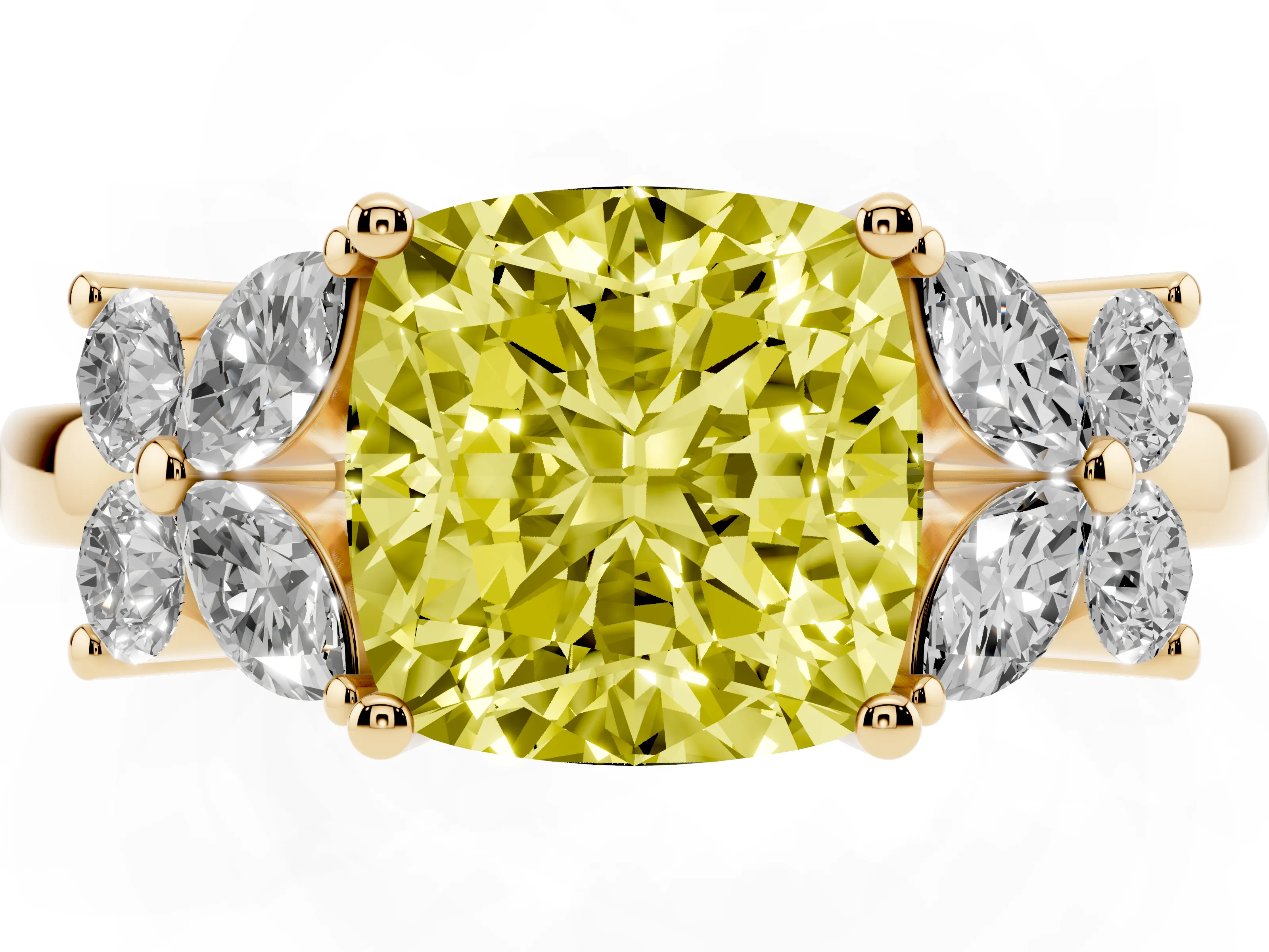 Fancy Yellow Cushion Cut Diamond Floral Cluster Ring Set in Yellow gold with Marquise Petals and Prong Setting