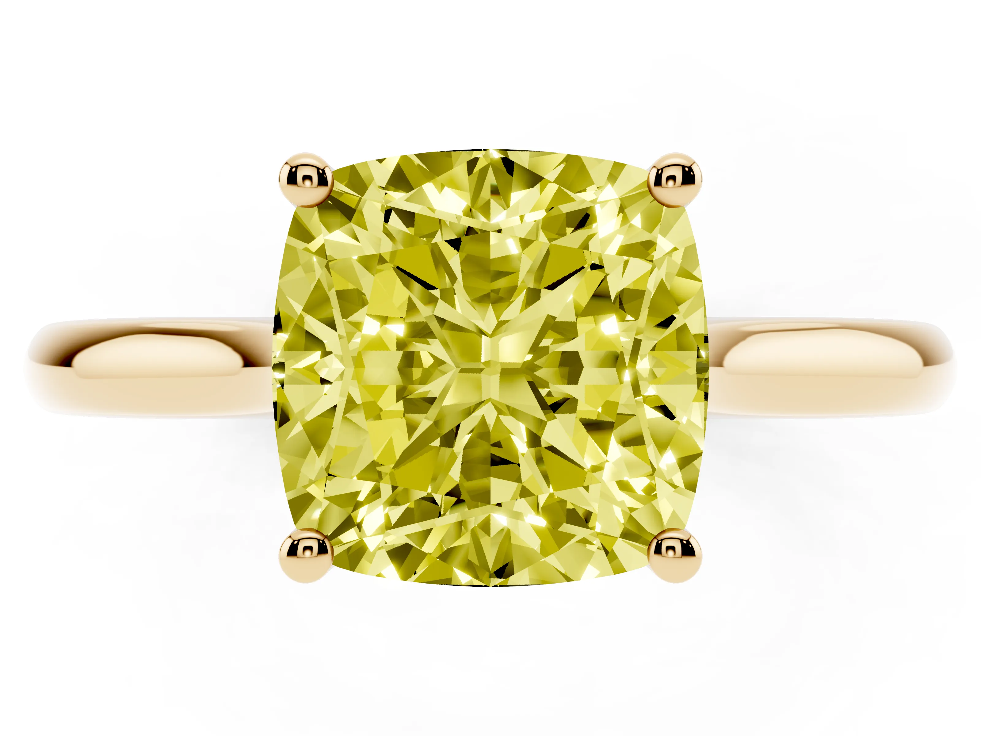 Fancy Yellow Cushion Cut Diamond Solitaire Ring Set in Yellow gold with Cathedral Band and Prong Setting