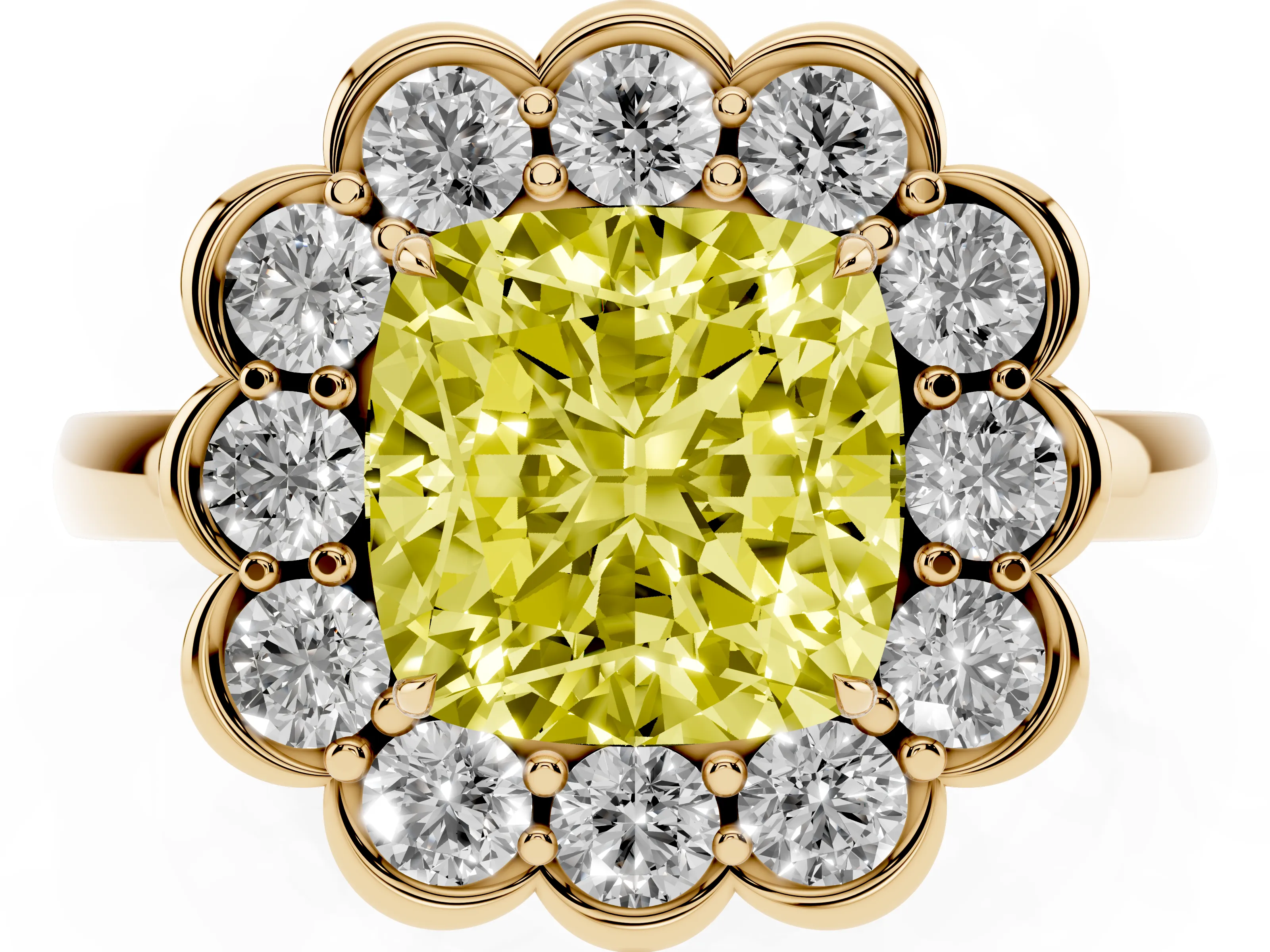 Fancy Yellow Cushion Cut Diamond Halo Cluster Engagement Ring Set in Yellow gold with Solitaire Band and Prong Setting