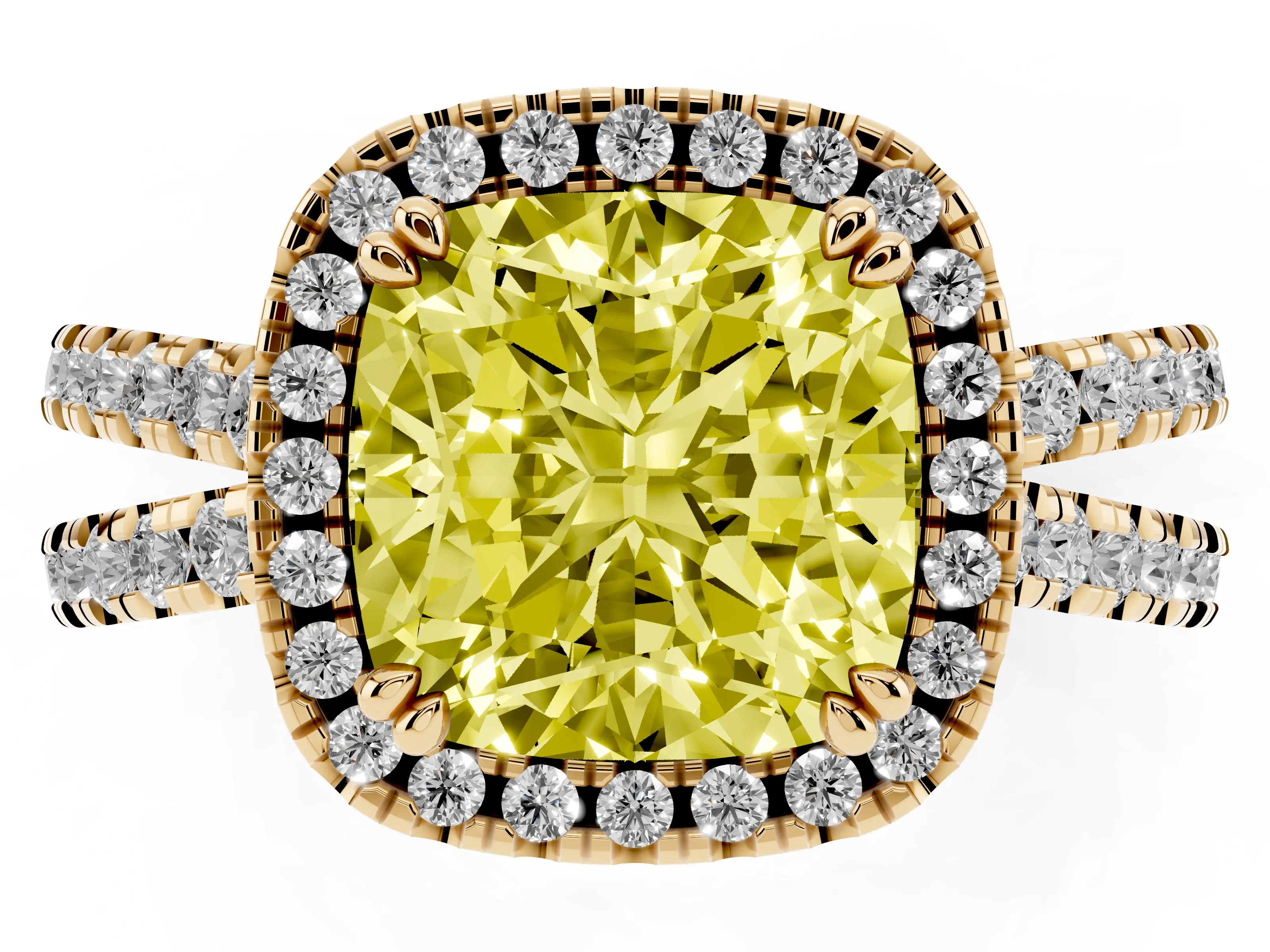 Fancy Yellow Cushion Cut Diamond Halo Split Shank Ring Set in Yellow gold with Pavé Setting