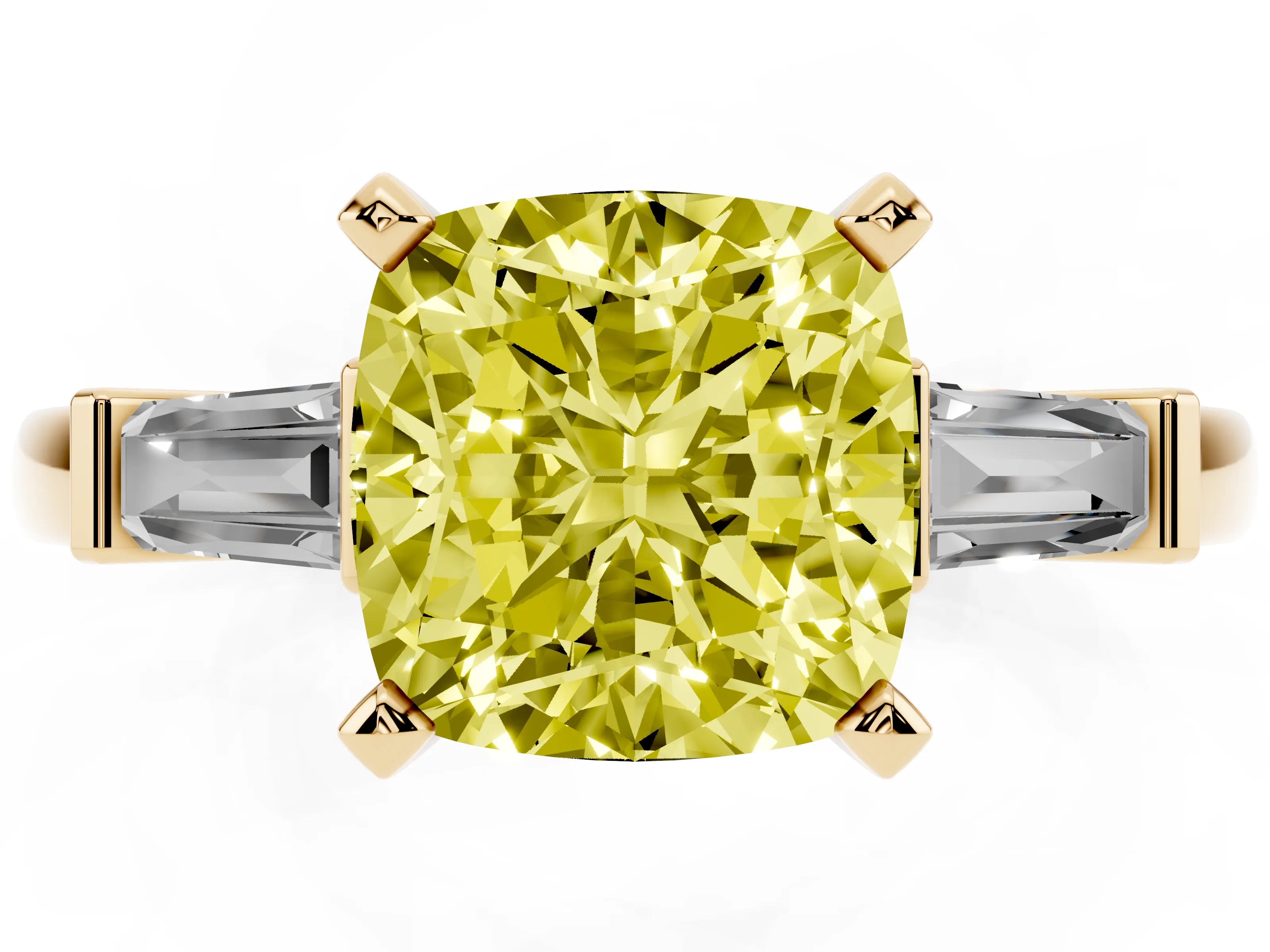 Fancy Yellow Cushion Cut Diamond Solitaire Ring Set in Yellow gold with Tapered Baguette Accents and Prong Setting