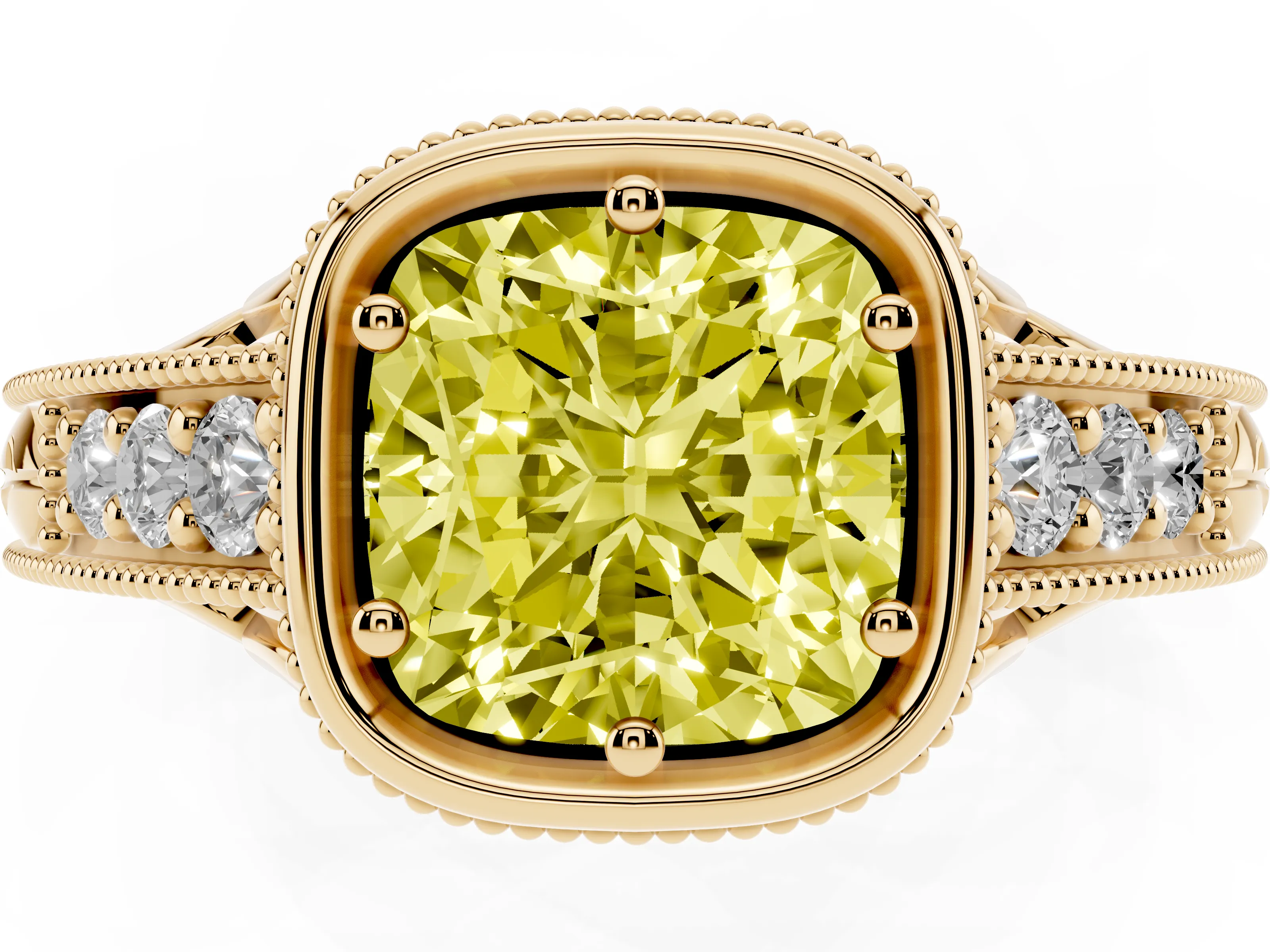 Fancy Yellow Bezel Set Cushion Cut Diamond Milgrain Pavé Engagement Ring Set in Yellow gold