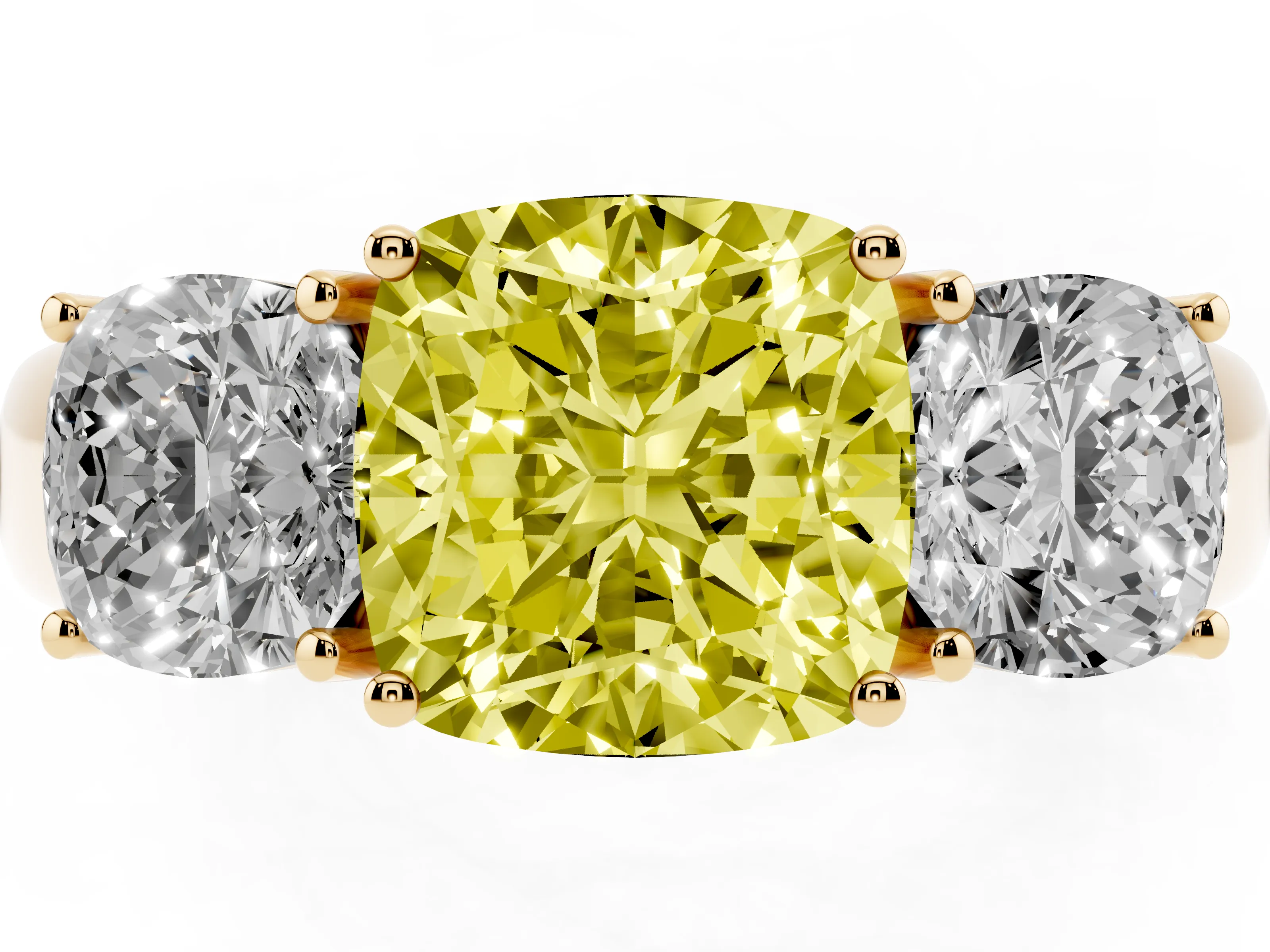 Fancy Yellow Three-Stone Cushion Cut Diamond Ring Set in Yellow gold with Matching Prong Settings and Plain Band