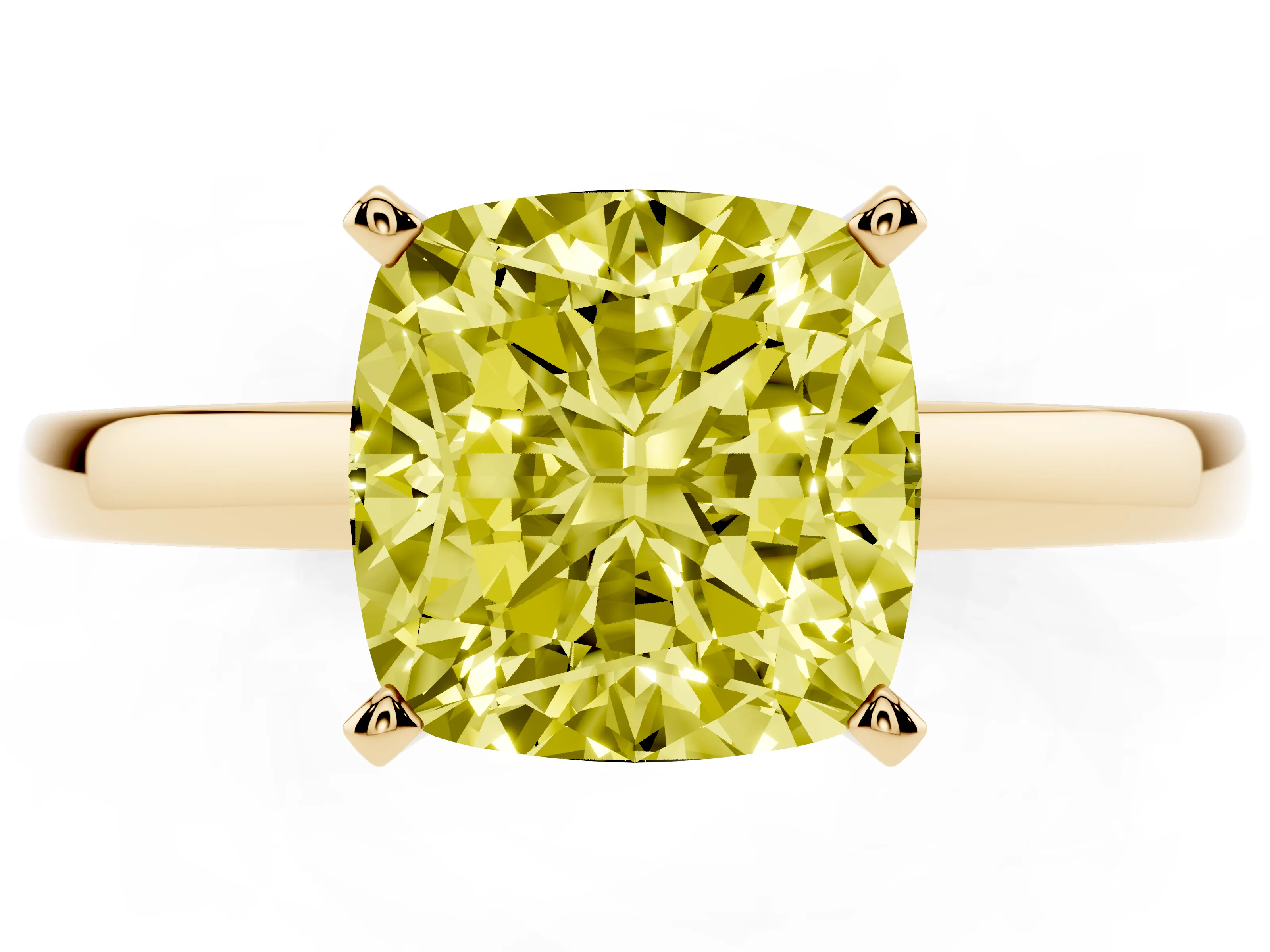 Fancy Yellow Cushion Cut Diamond Solitaire Engagement Ring Set in Yellow gold with Prong Setting on a Classic Band