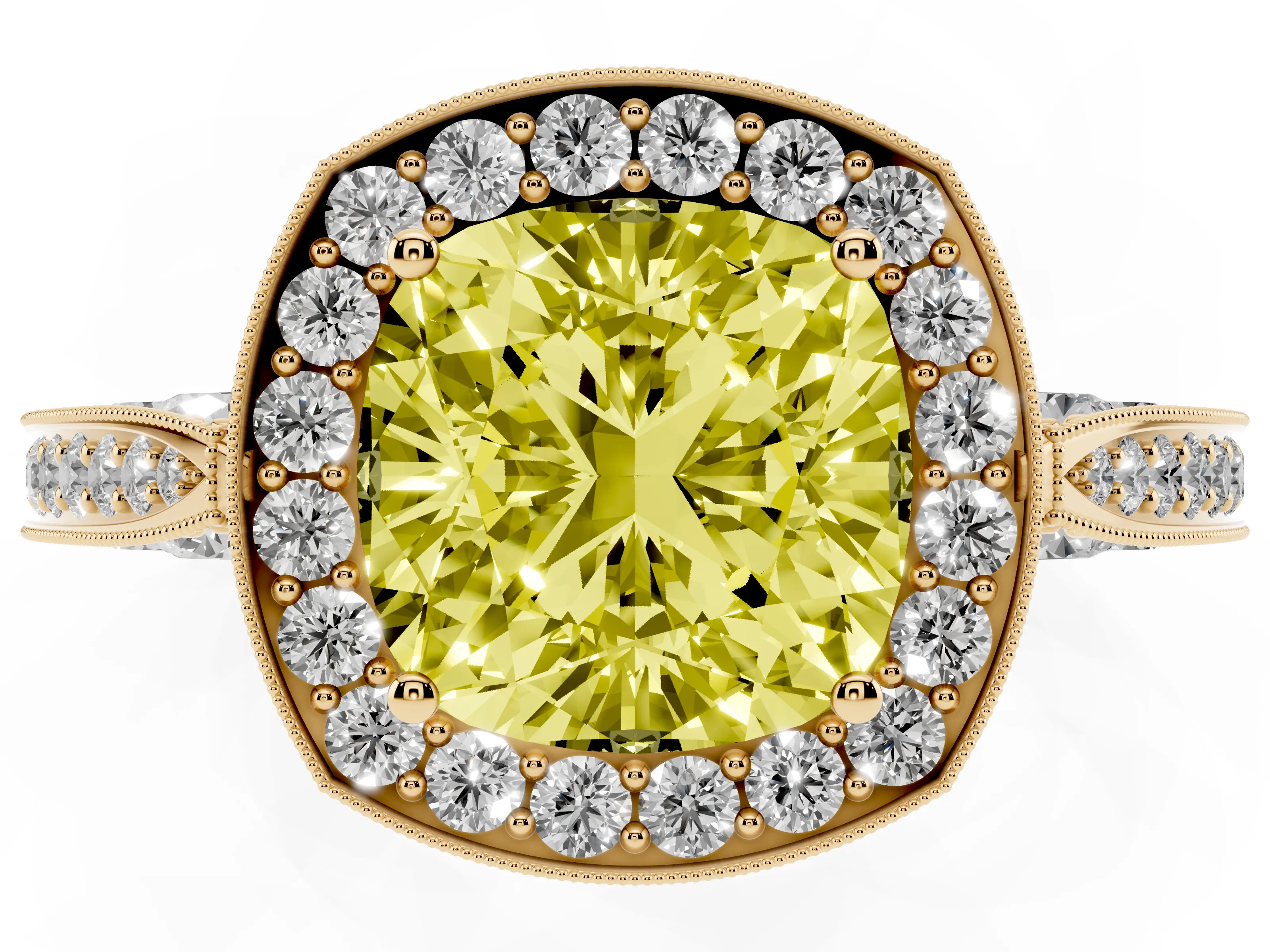 Fancy Yellow Cushion Cut Diamond Halo Engagement Ring Set in Yellow gold with Accent Split Shank Band