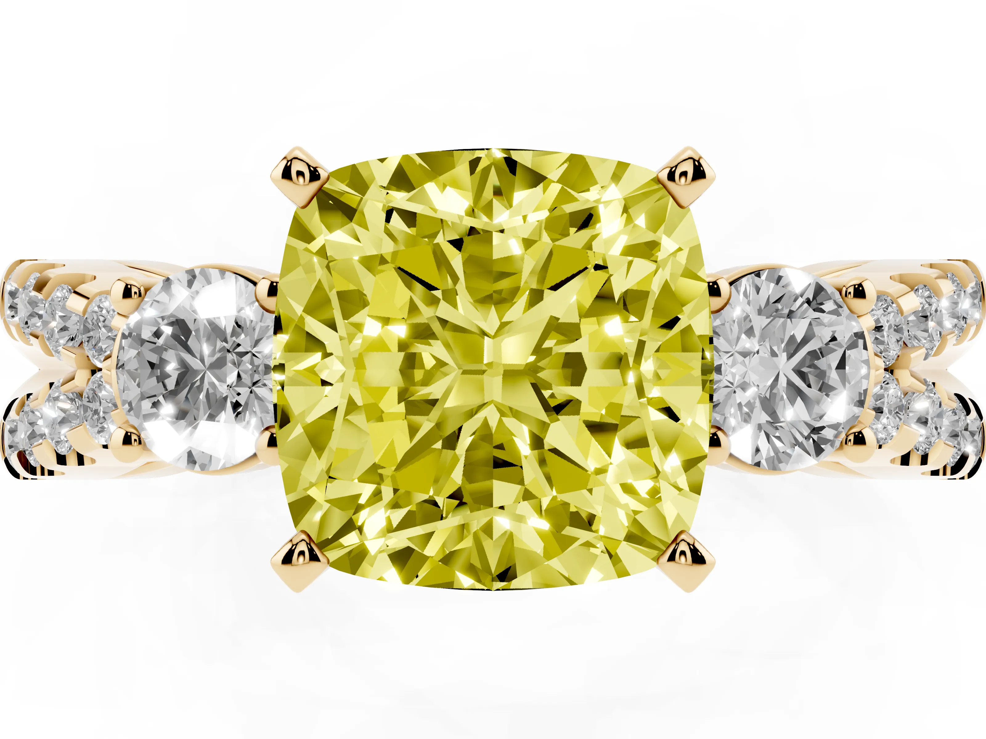 Fancy Yellow Cushion Cut Diamond Three-Stone Ring Set in Yellow gold with Pavé Split Shank and Prong Setting