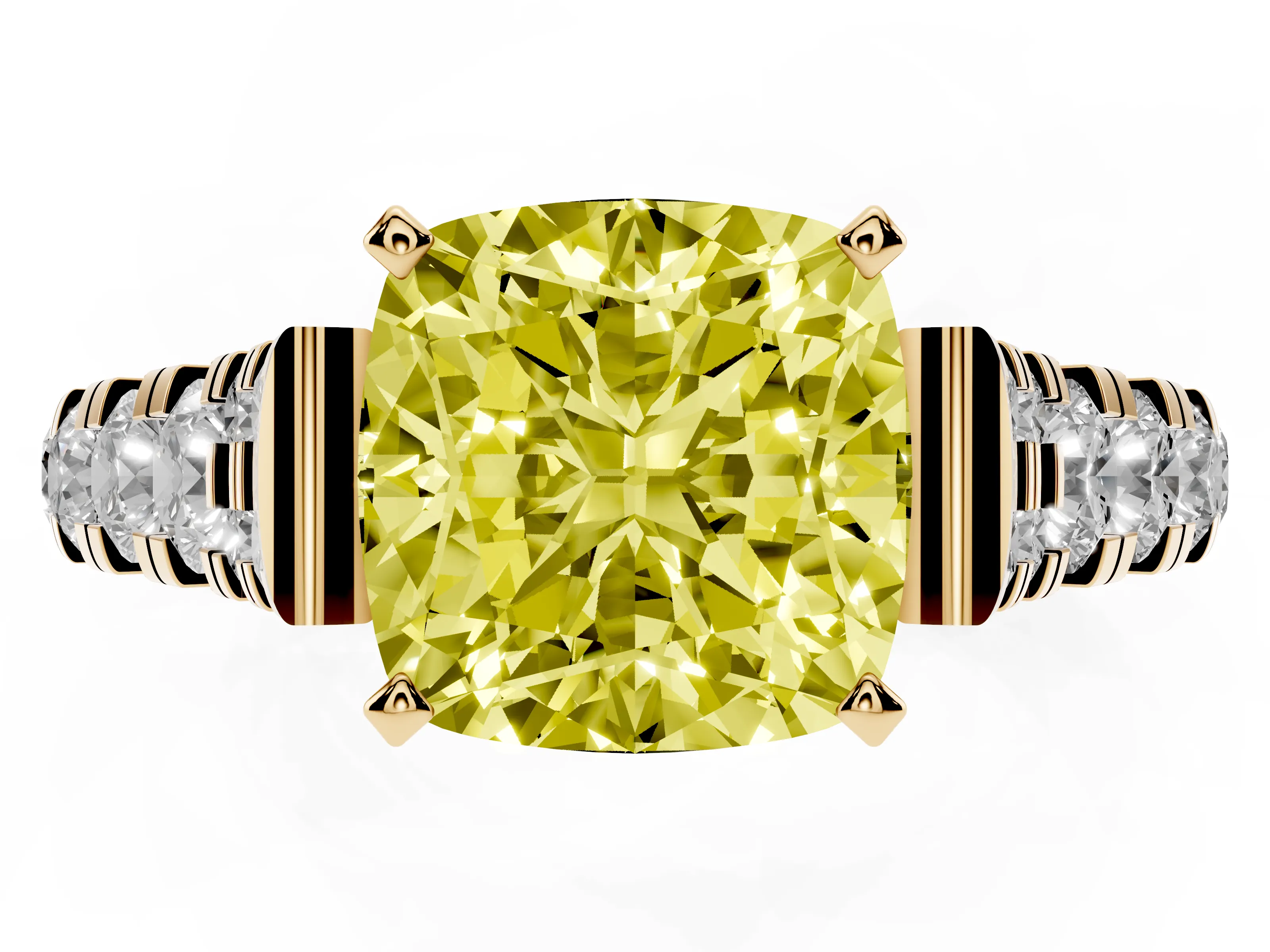 Fancy Yellow Cushion Cut Diamond Classic Solitaire Ring Set in Yellow gold with Pavé Band and Prong Setting