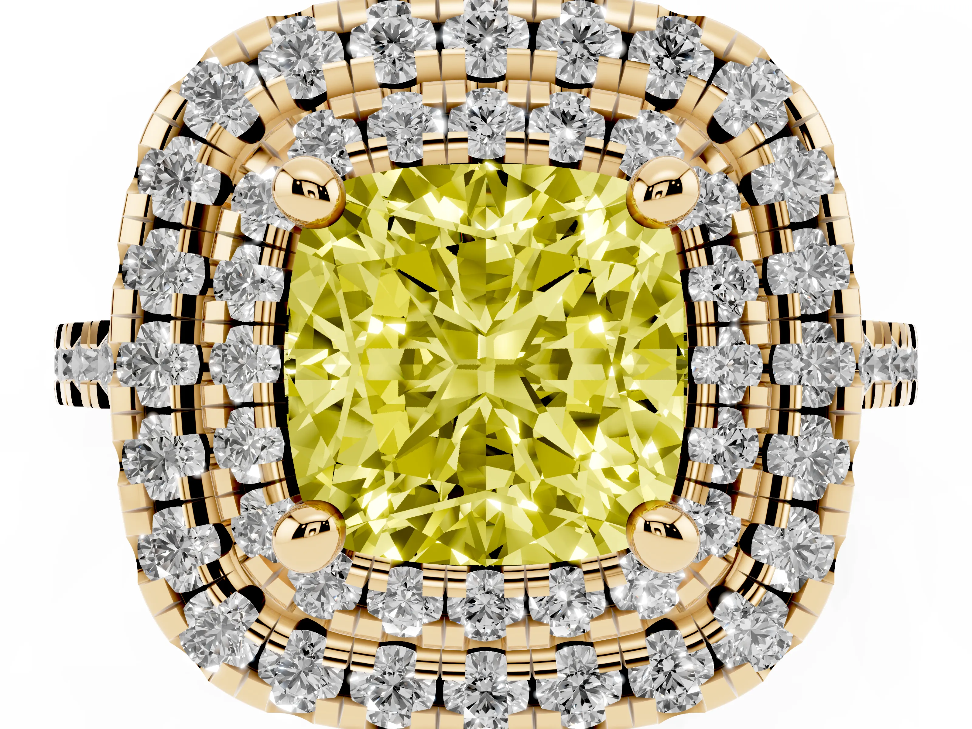 Fancy Yellow Cushion Cut Diamond Double Halo Statement Ring Set in Yellow gold with Pavé Band