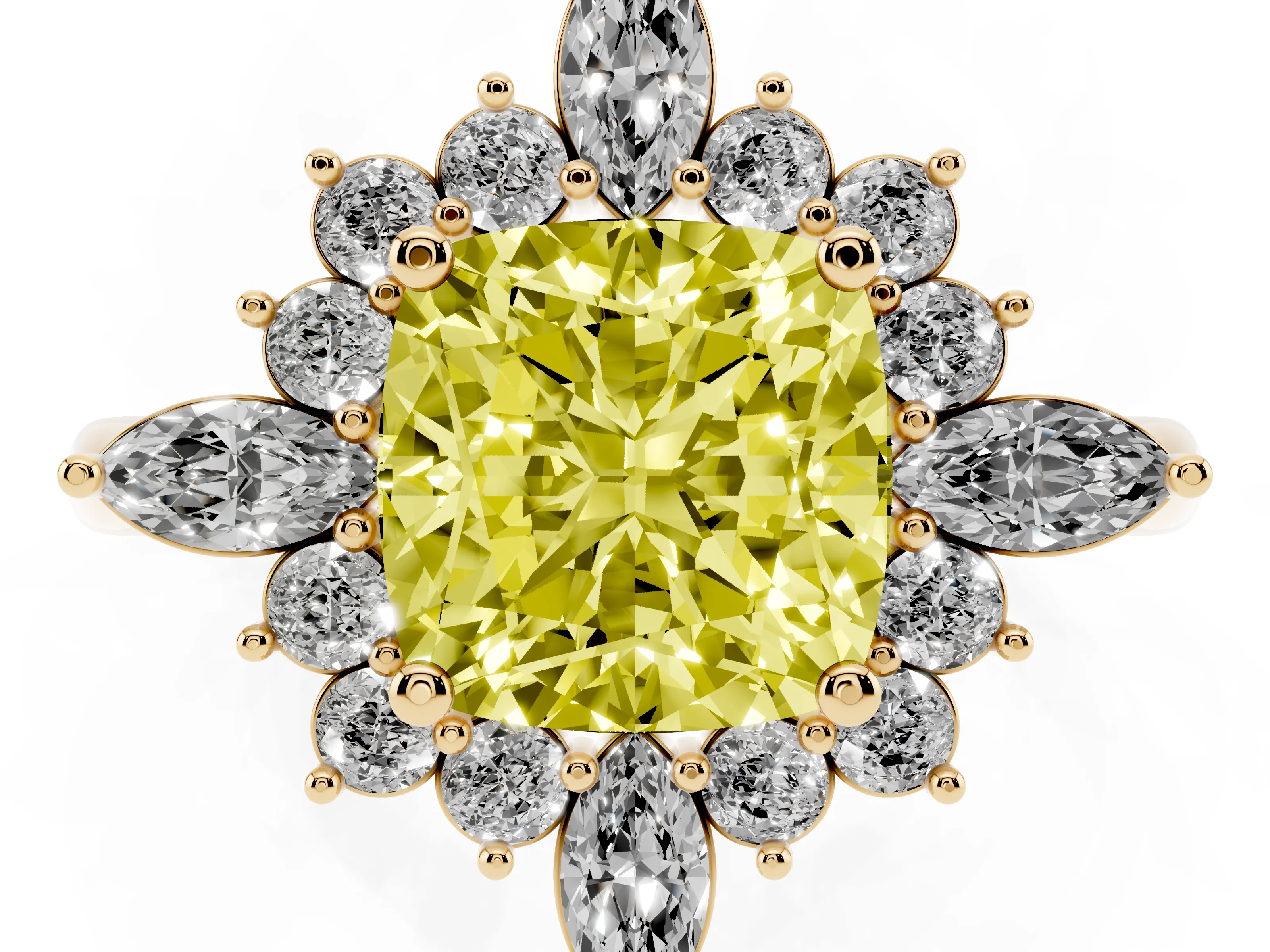 Fancy Yellow Cushion Cut Diamond Cluster Halo Ring Set in Yellow gold with Marquise and Round Accents