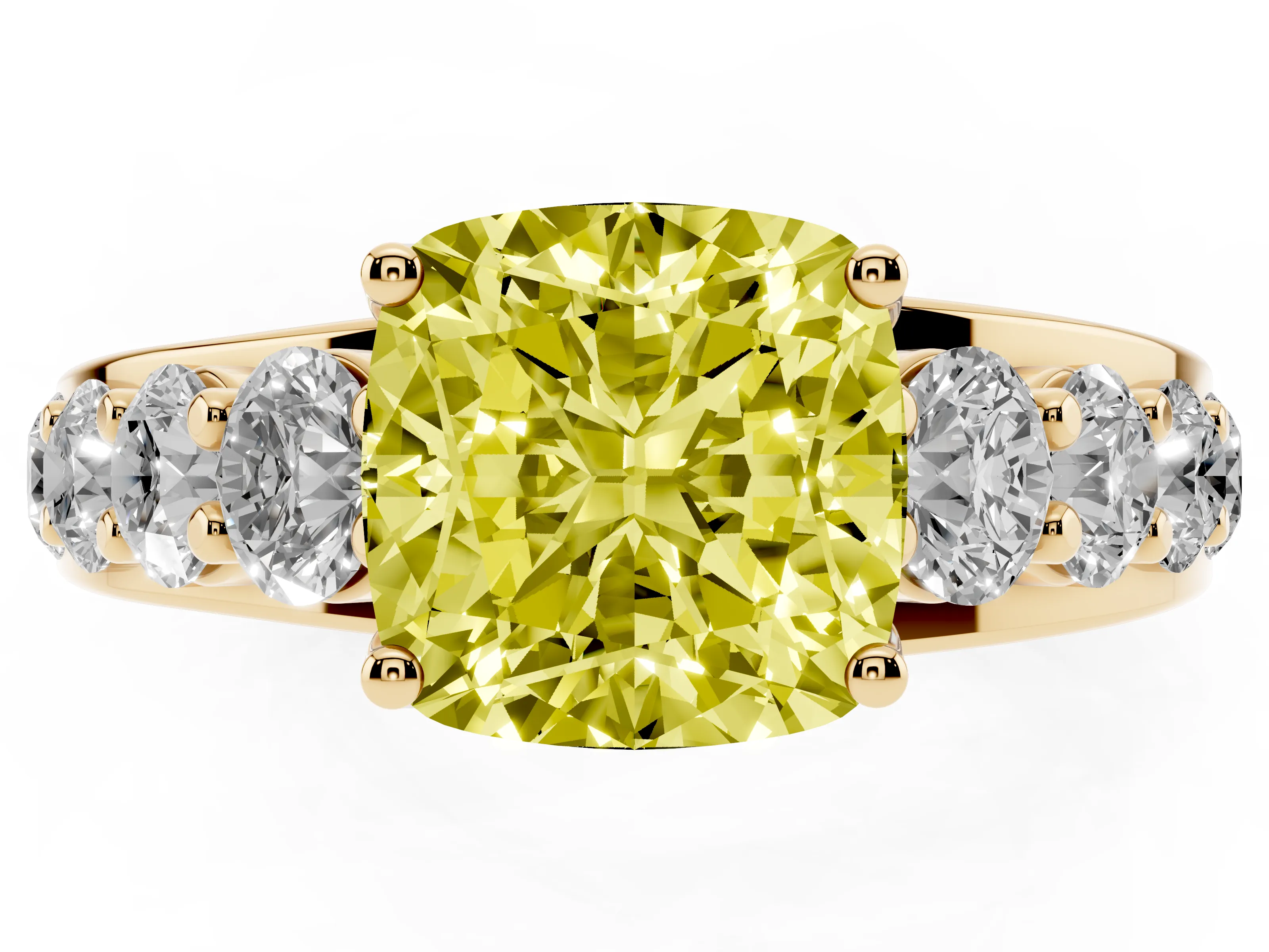 Fancy Yellow Cushion Cut Diamond Pavé Engagement Ring Set in Yellow gold with Prong Setting