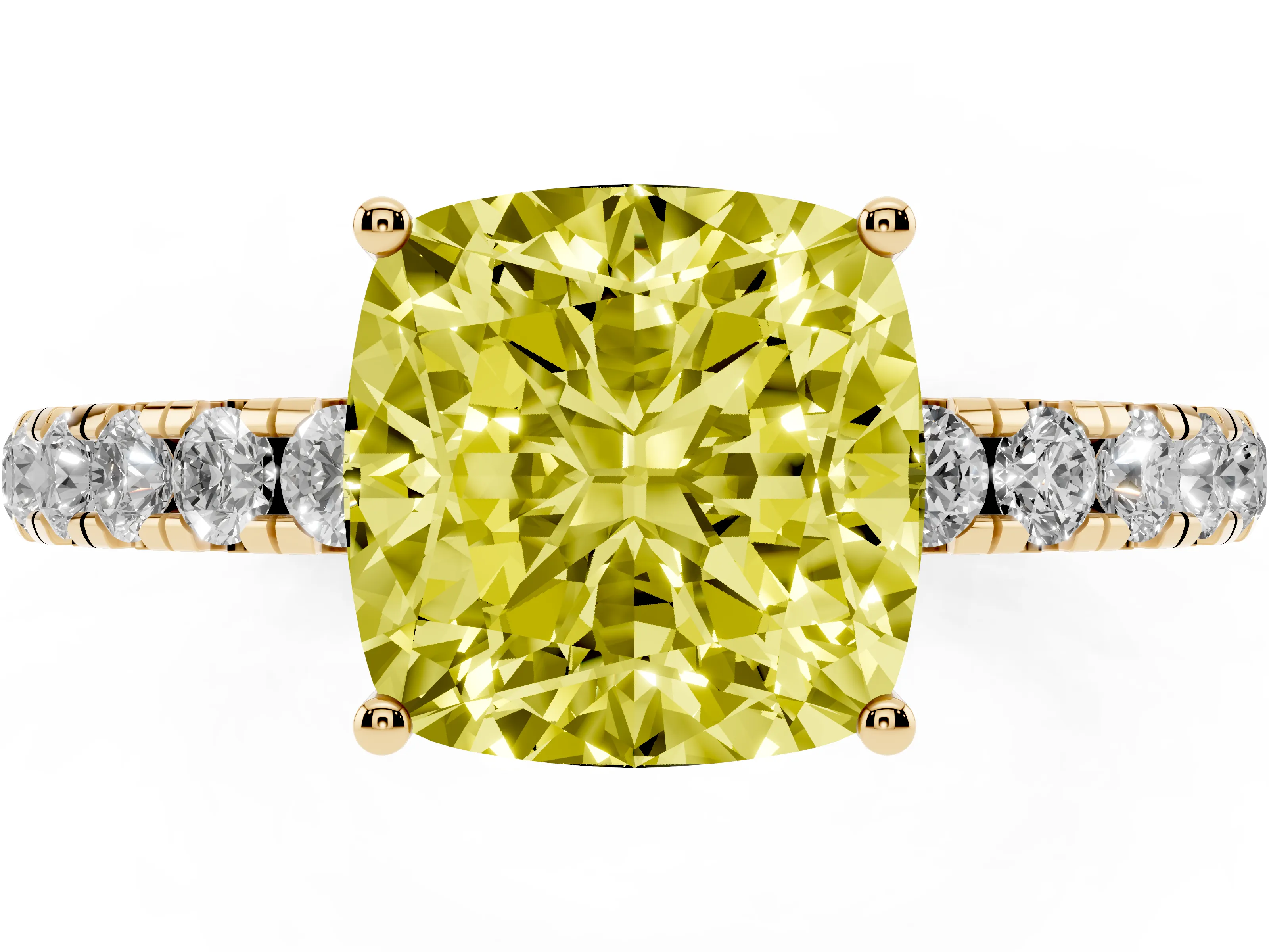 Fancy Yellow Cushion Cut Diamond Pavé Solitaire Engagement Ring Set in Yellow gold with Prong Setting