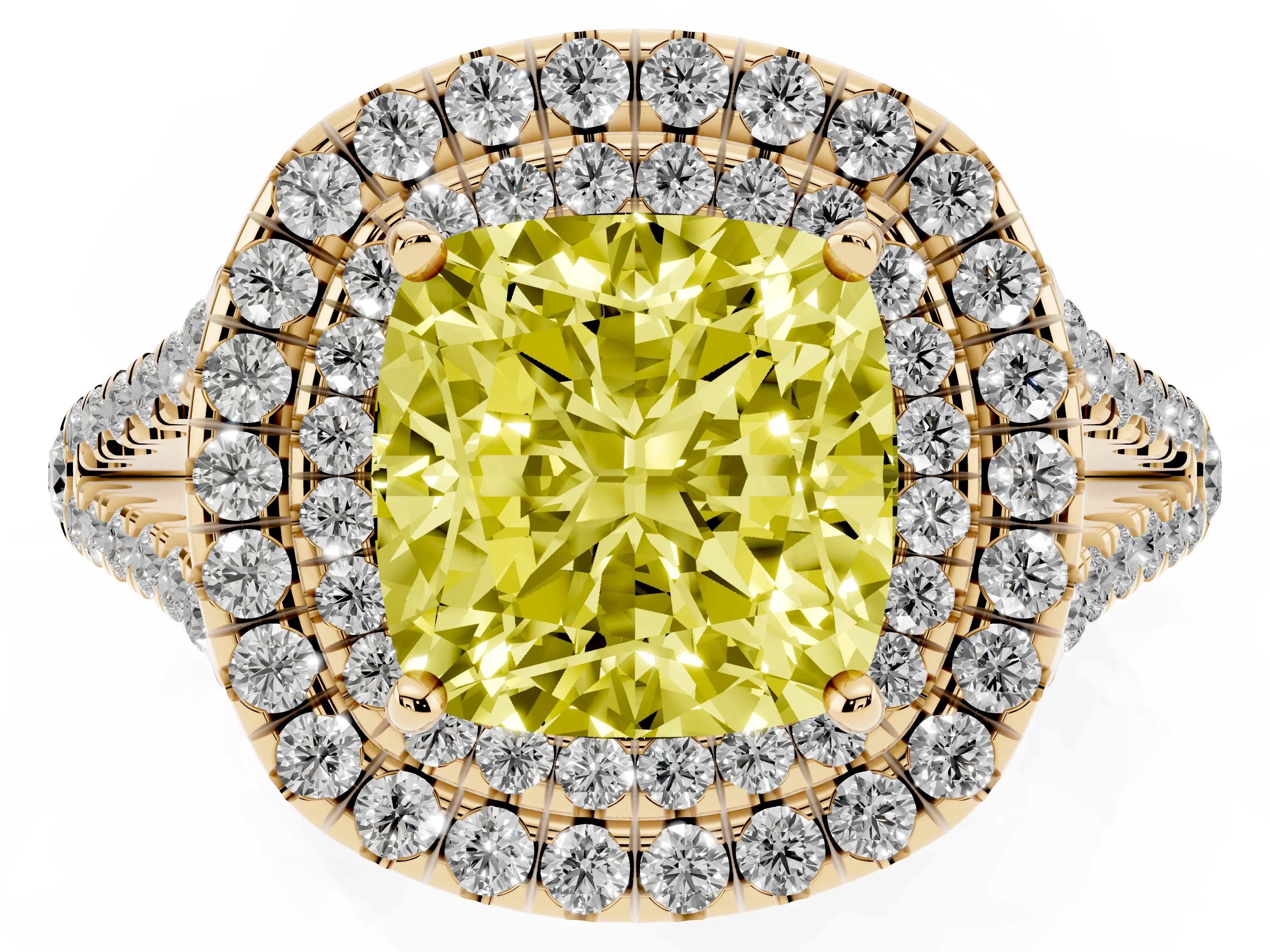 Fancy Yellow Cushion Cut Diamond Double Halo Ring Set in Yellow gold with Pavé Band