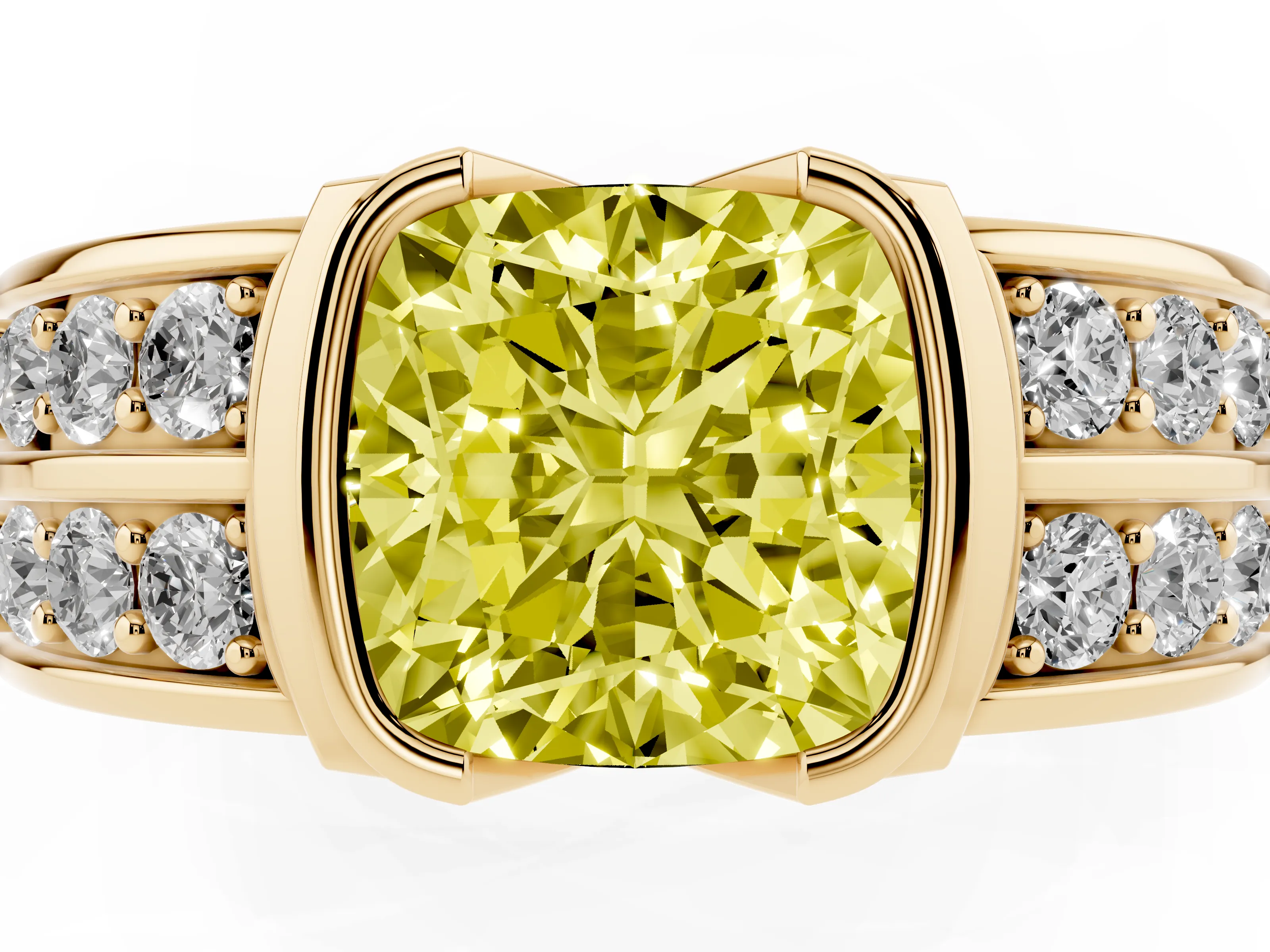 Fancy Yellow Cushion Cut Diamond Wide Channel Set Band Ring Set in Yellow gold with Bezel Setting