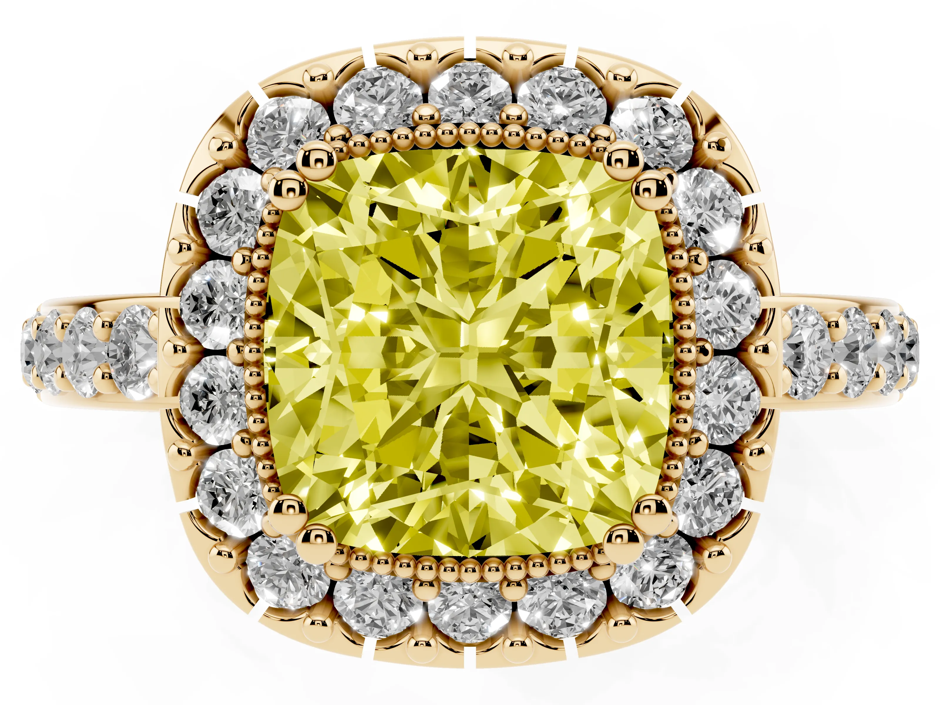 Fancy Yellow Cushion Cut Diamond Halo Ring Set in Yellow gold with Pavé Shank and Prong Setting