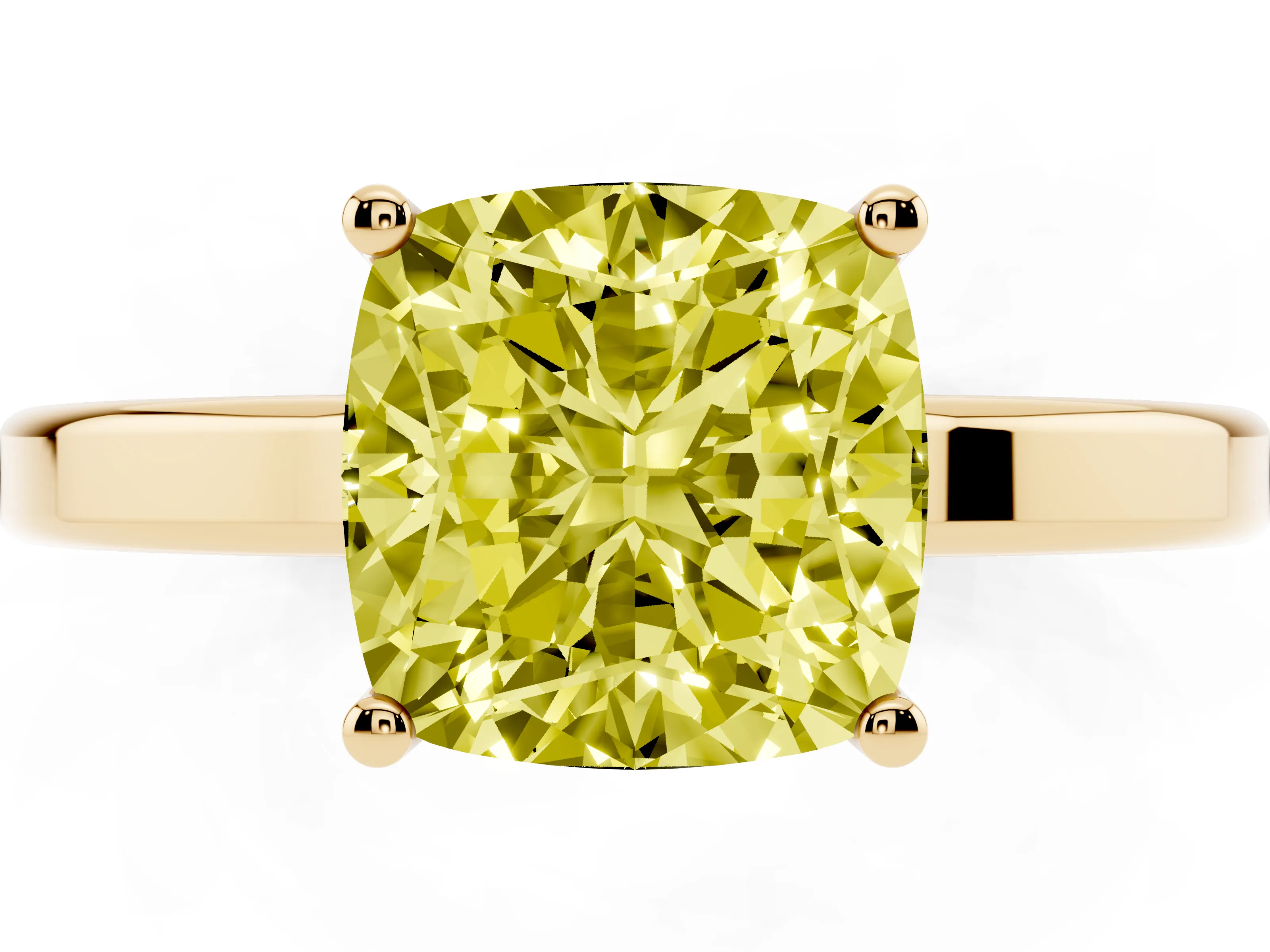 Fancy Yellow Cushion Cut Diamond Solitaire Engagement Ring Set in Yellow gold with Prong Setting on a Plain Band