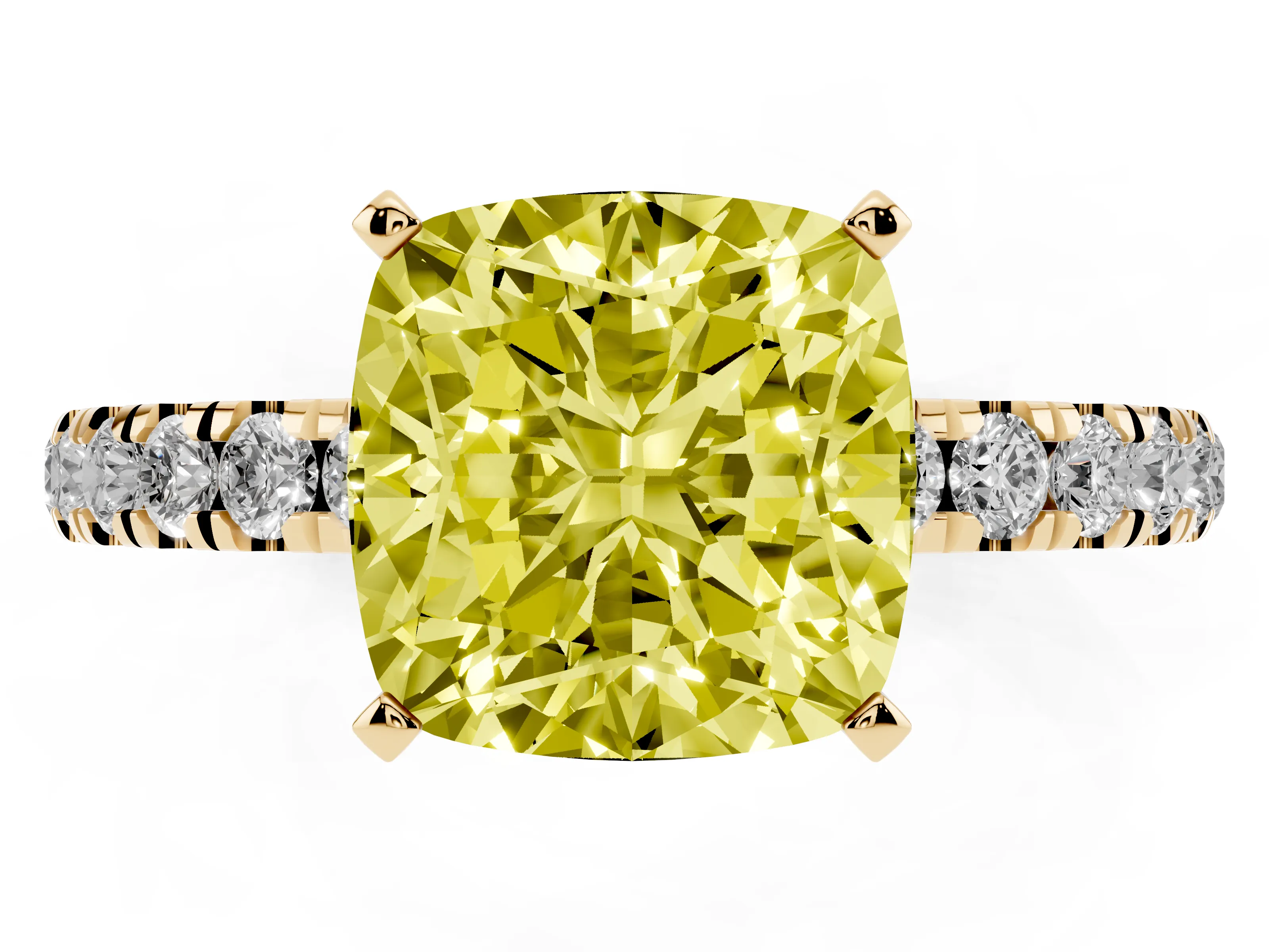 Fancy Yellow Cushion Cut Diamond Solitaire Ring Set in Yellow gold with Pavé Accents and Prong Setting