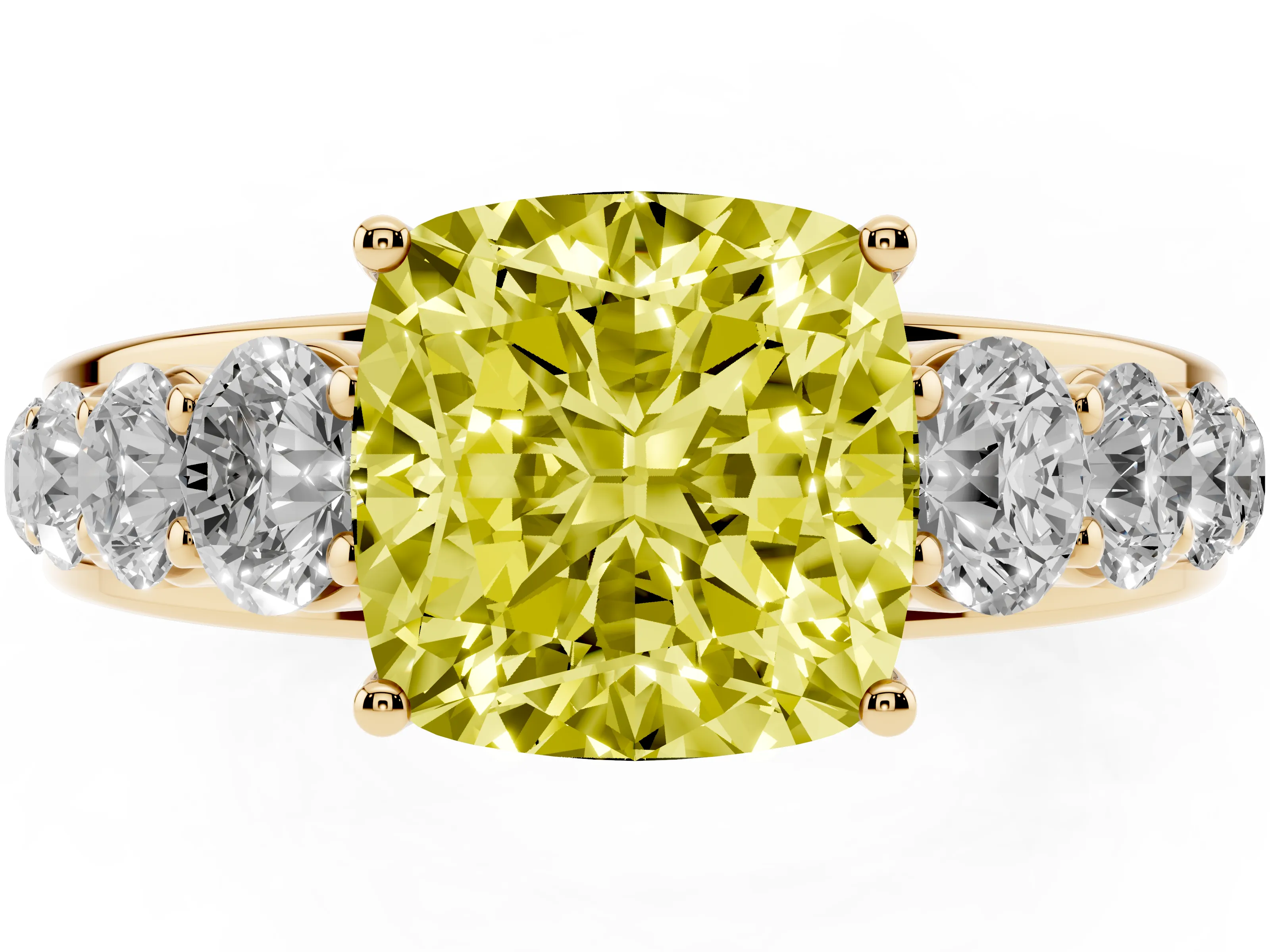 Fancy Yellow Cushion Cut Diamond Solitaire Ring Set in Yellow gold with Pavé-Set Band and Prong Setting