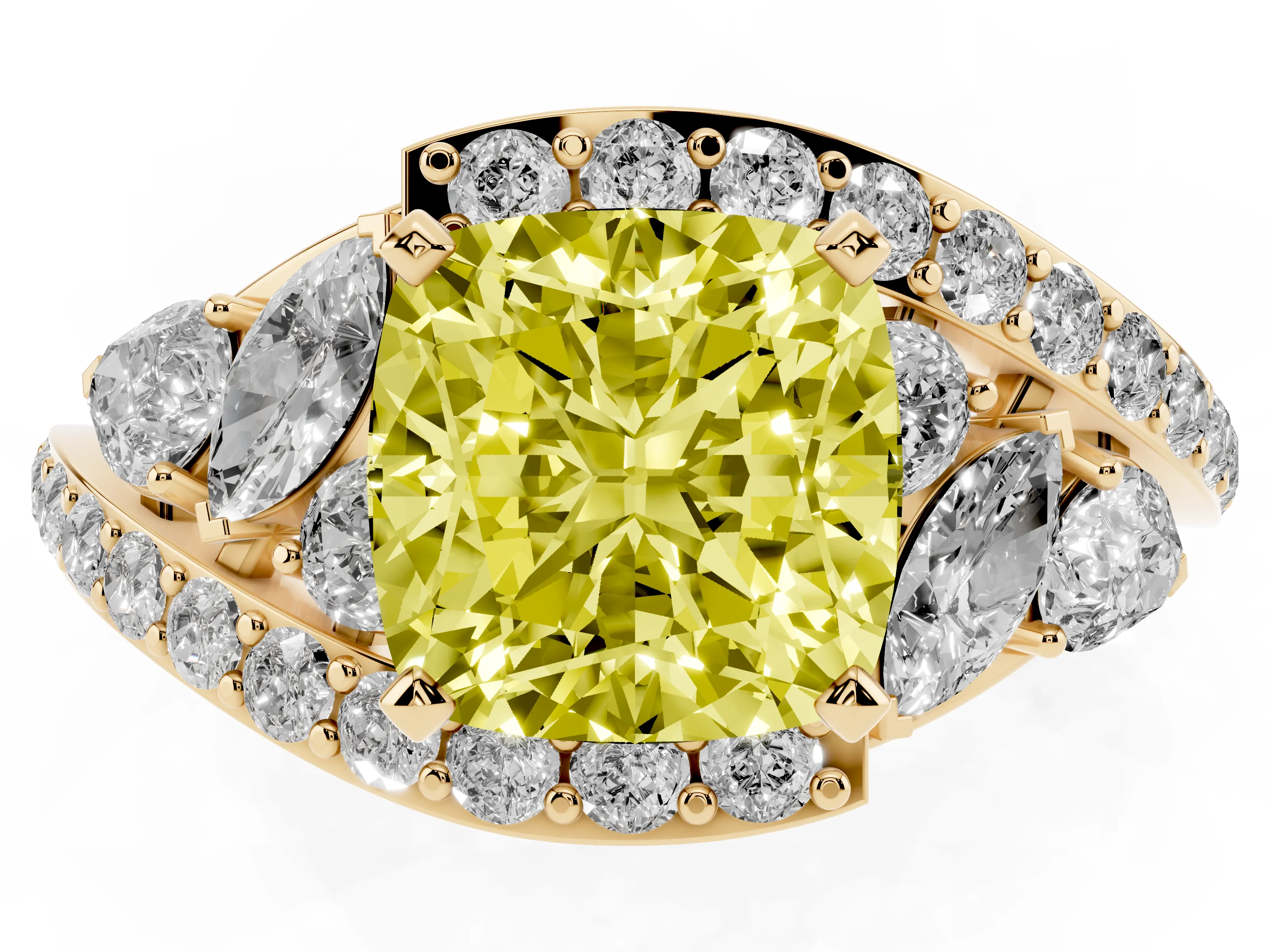 Fancy Yellow Cushion Cut Diamond Halo Ring Set in Yellow gold with Marquise and Pavé Band in Prong Setting
