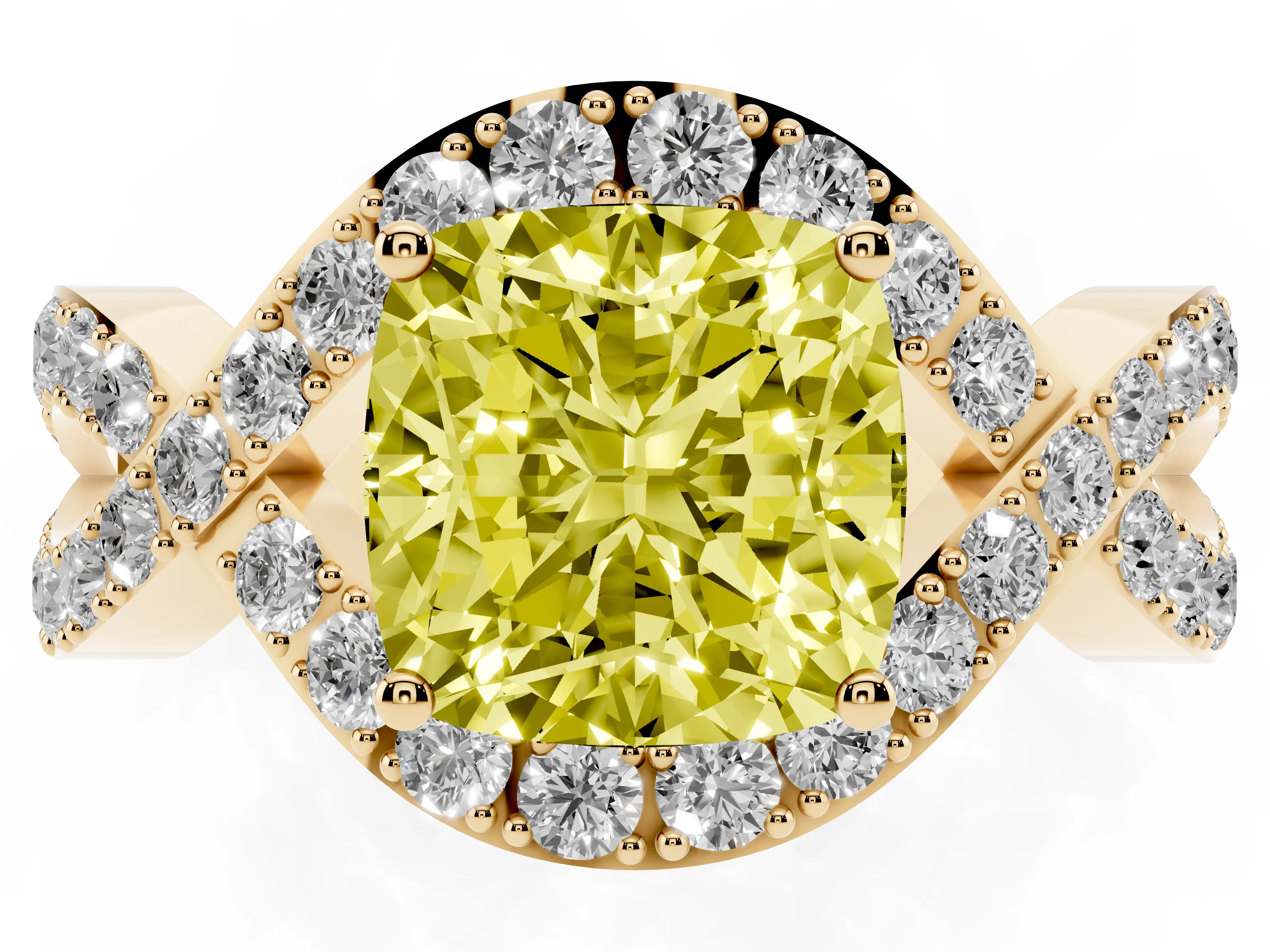Fancy Yellow Cushion Cut Diamond Solitaire Twist Band Pavé Engagement Ring Set in Yellow gold