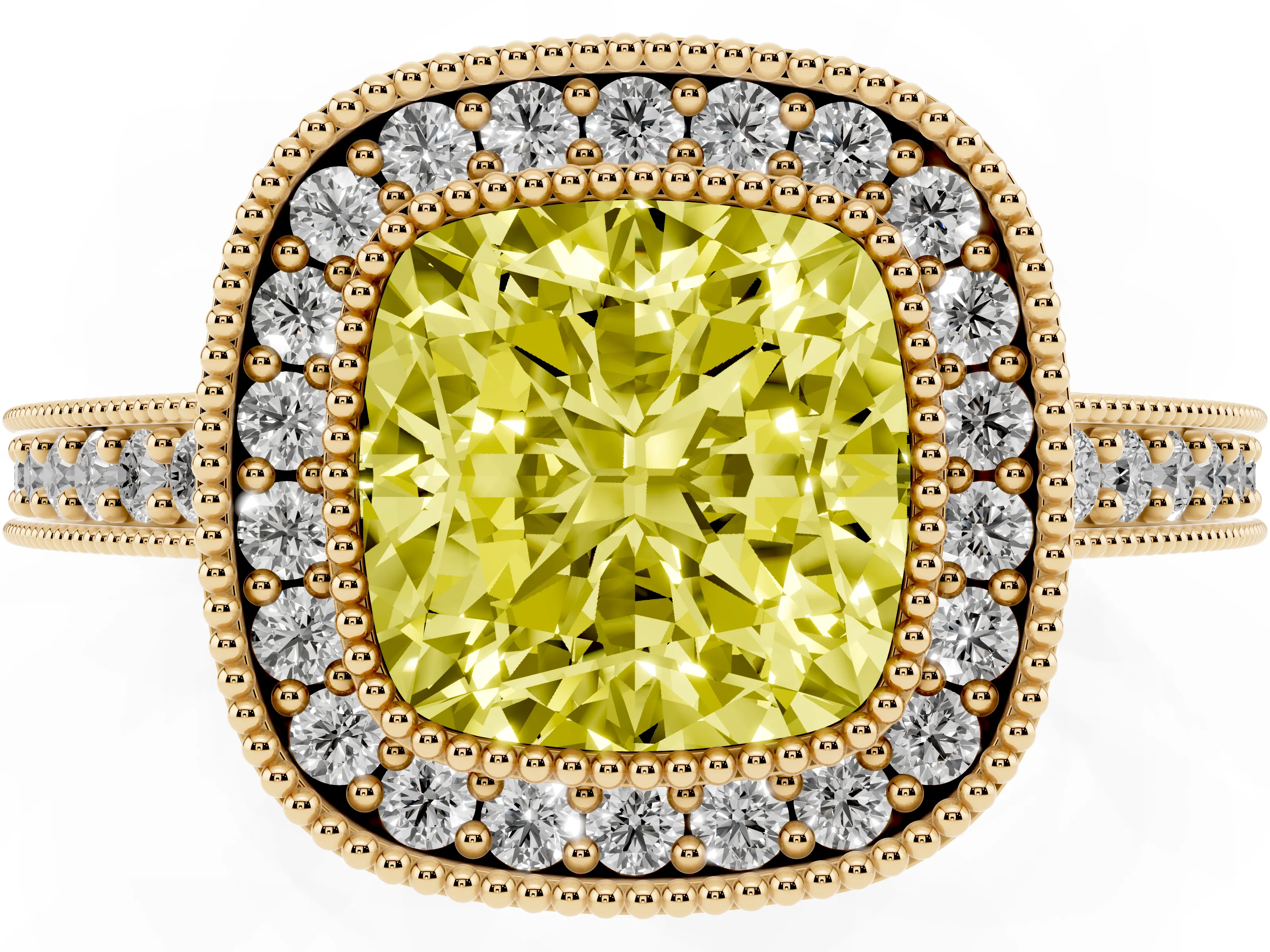 Fancy Yellow Cushion Cut Diamond Halo Engagement Ring Set in Yellow gold with Pavé Band and Round Halo Stones