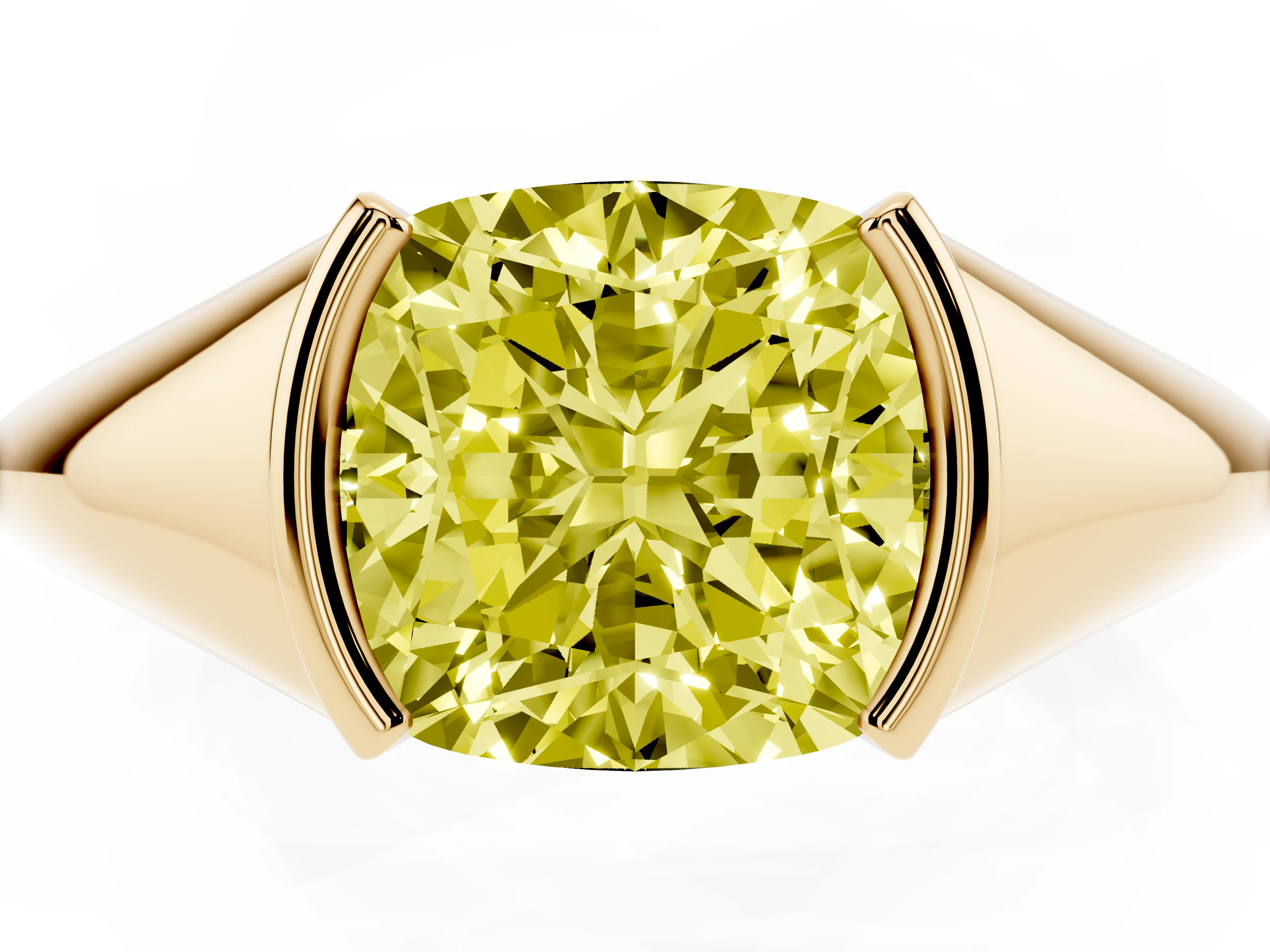 Fancy Yellow Cushion Cut Diamond Solitaire Tension Set Ring Set in Yellow gold