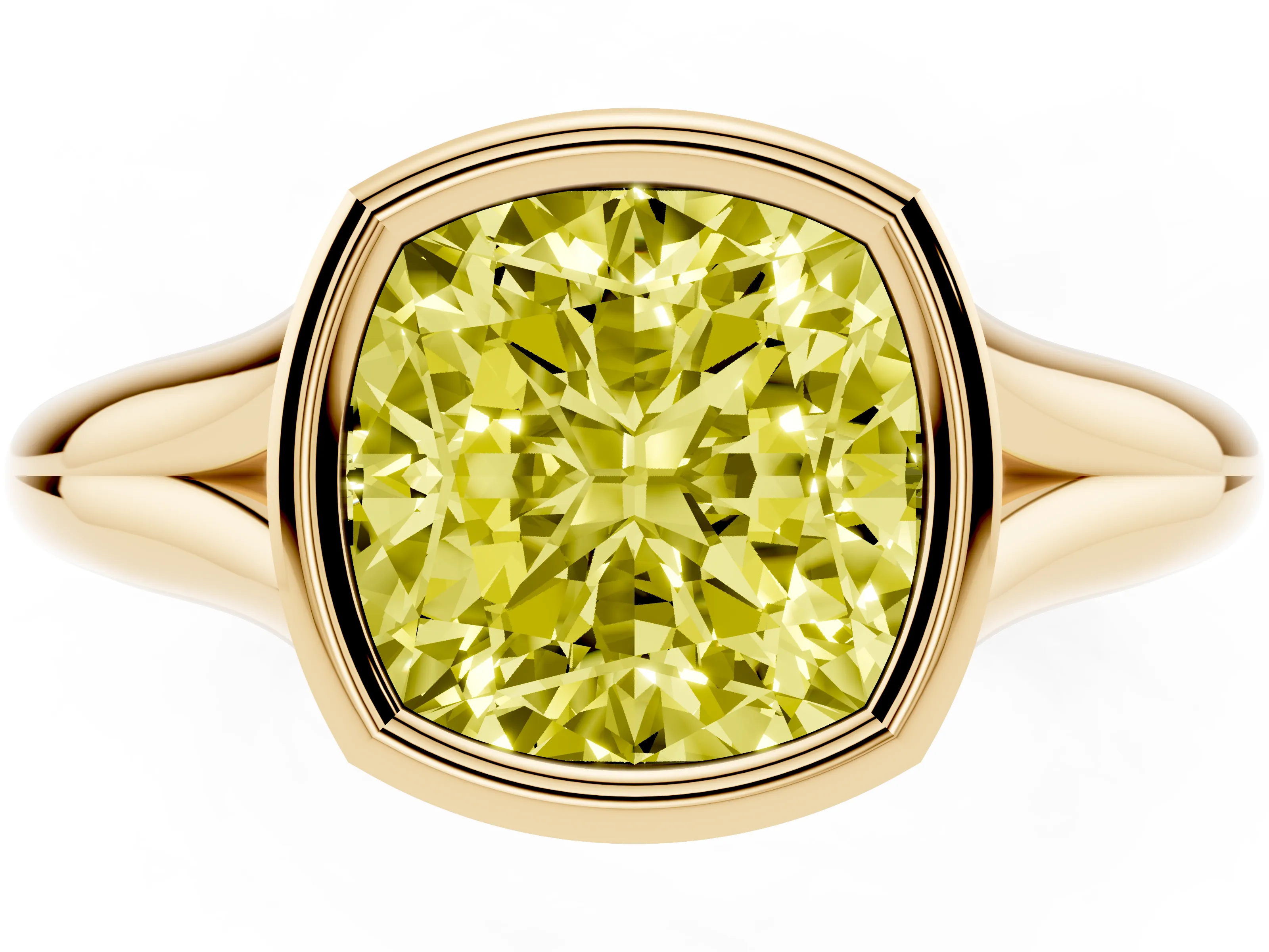 Fancy Yellow Bezel Set Cushion Cut Diamond Solitaire Ring Set in Yellow gold with Smooth Band