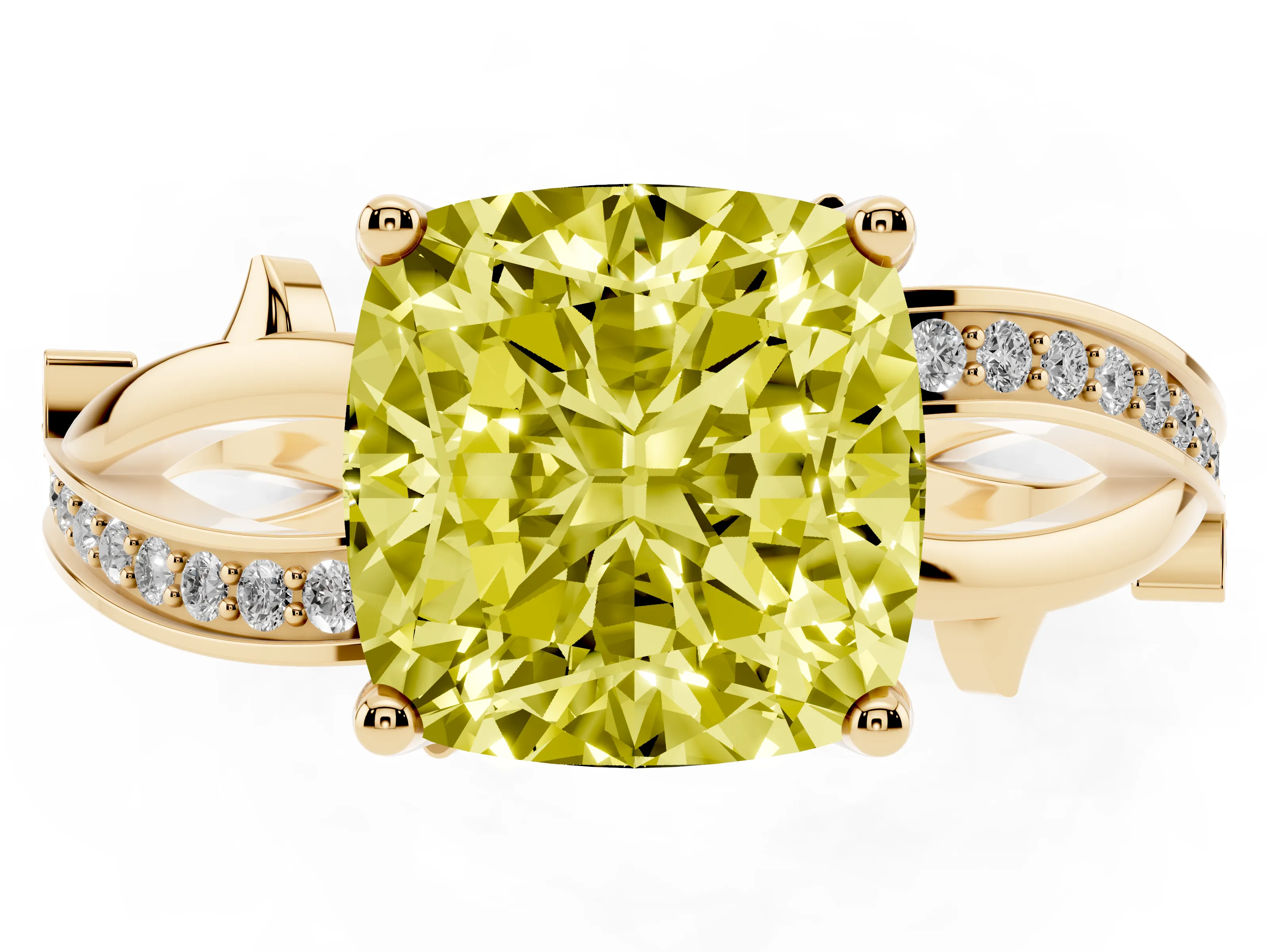 Fancy Yellow Cushion Cut Diamond Pavé Twist Band Solitaire Ring Set in Yellow gold with Prong Setting
