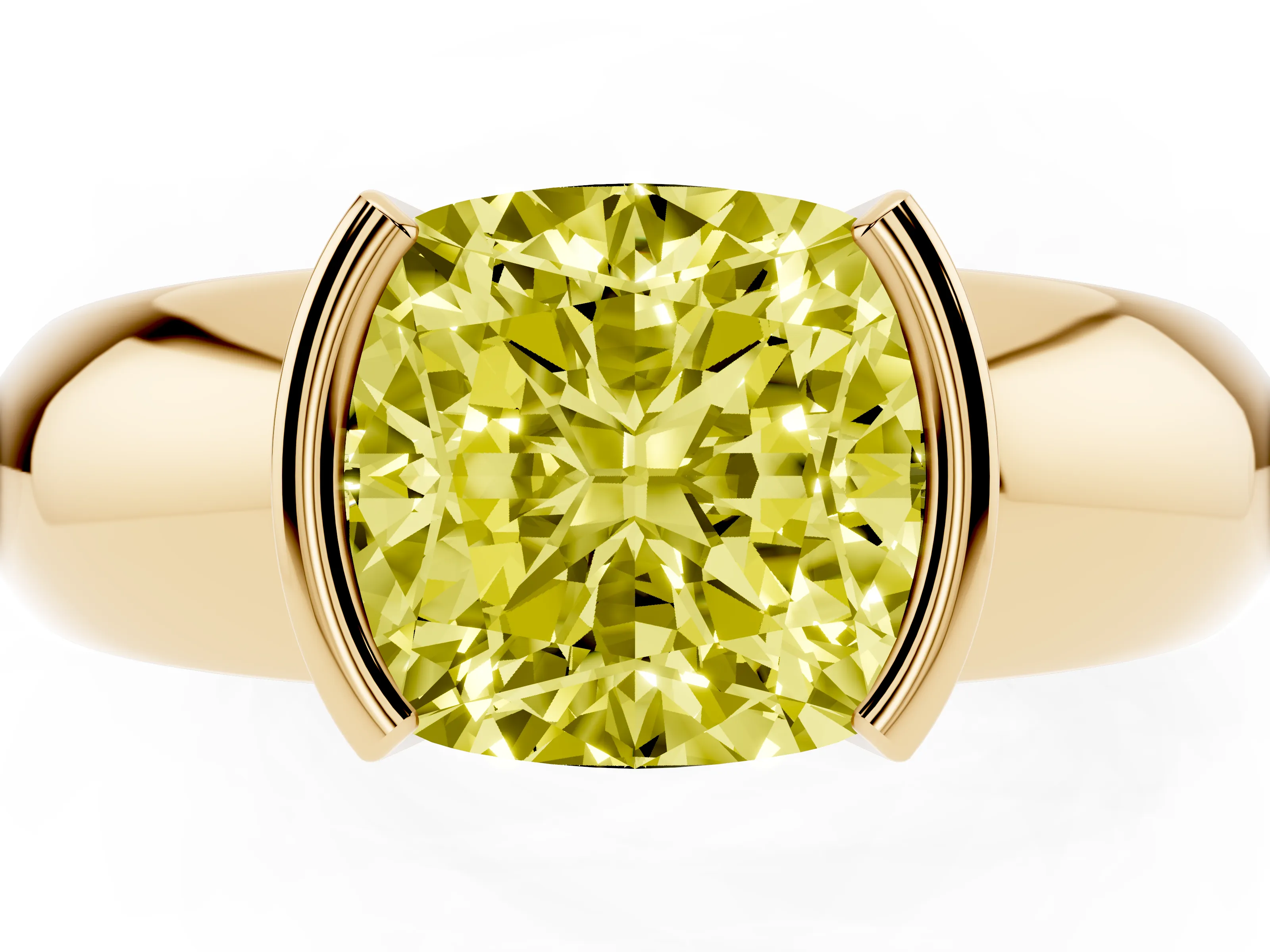 Fancy Yellow Cushion Cut Diamond Solitaire Tension Set Ring Set in Yellow gold with Wide Band