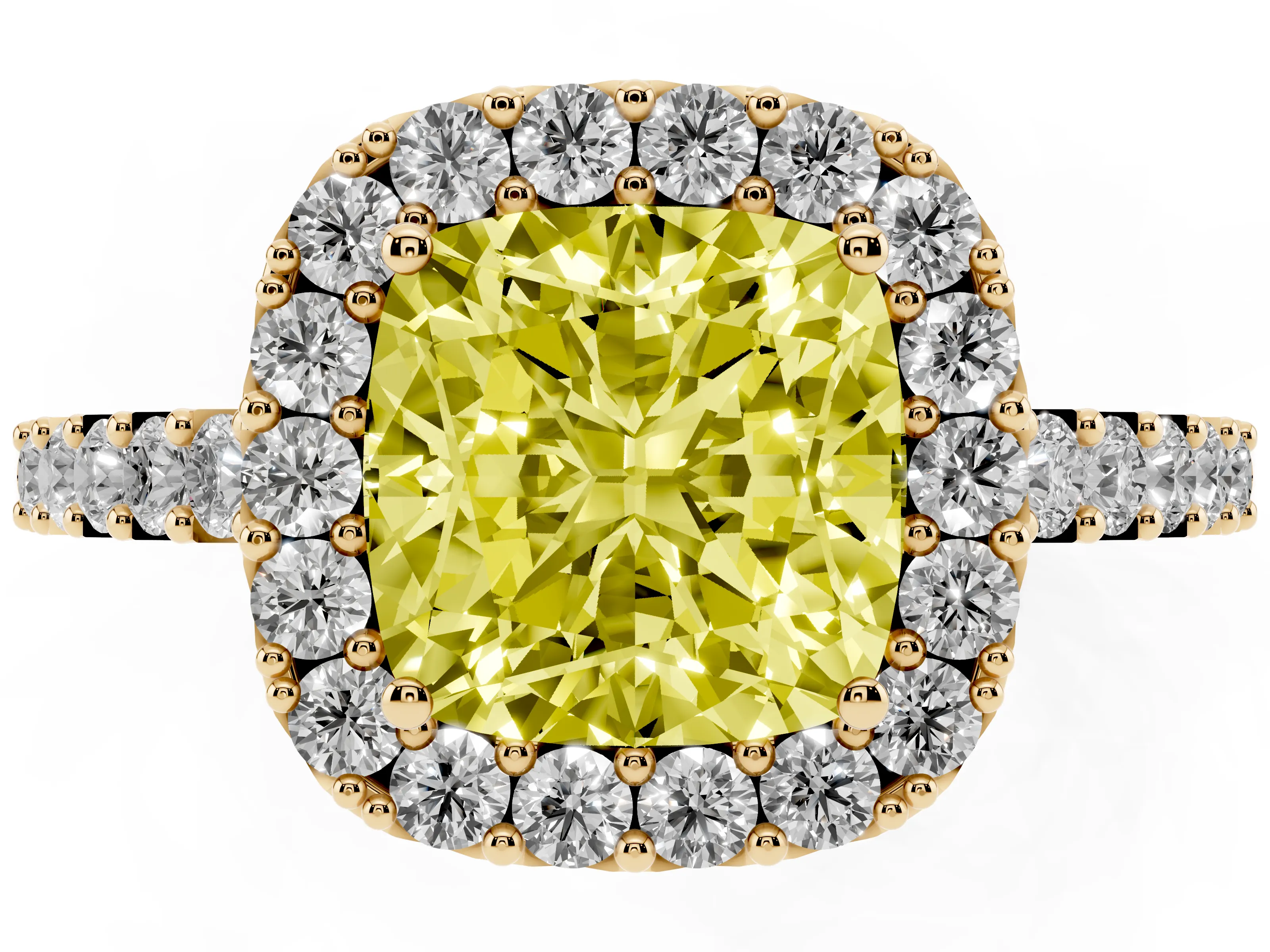 Fancy Yellow Cushion Cut Diamond Halo Pavé Solitaire Ring Set in Yellow gold with Prong-Set Center Stone